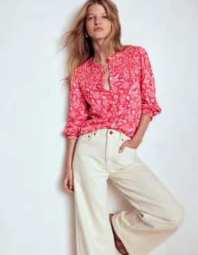 Four Way Stretch Material SweatAbsorbent Elsa Smocked Yoke Jersey Shirt-Poppy Red, Ornate Vine