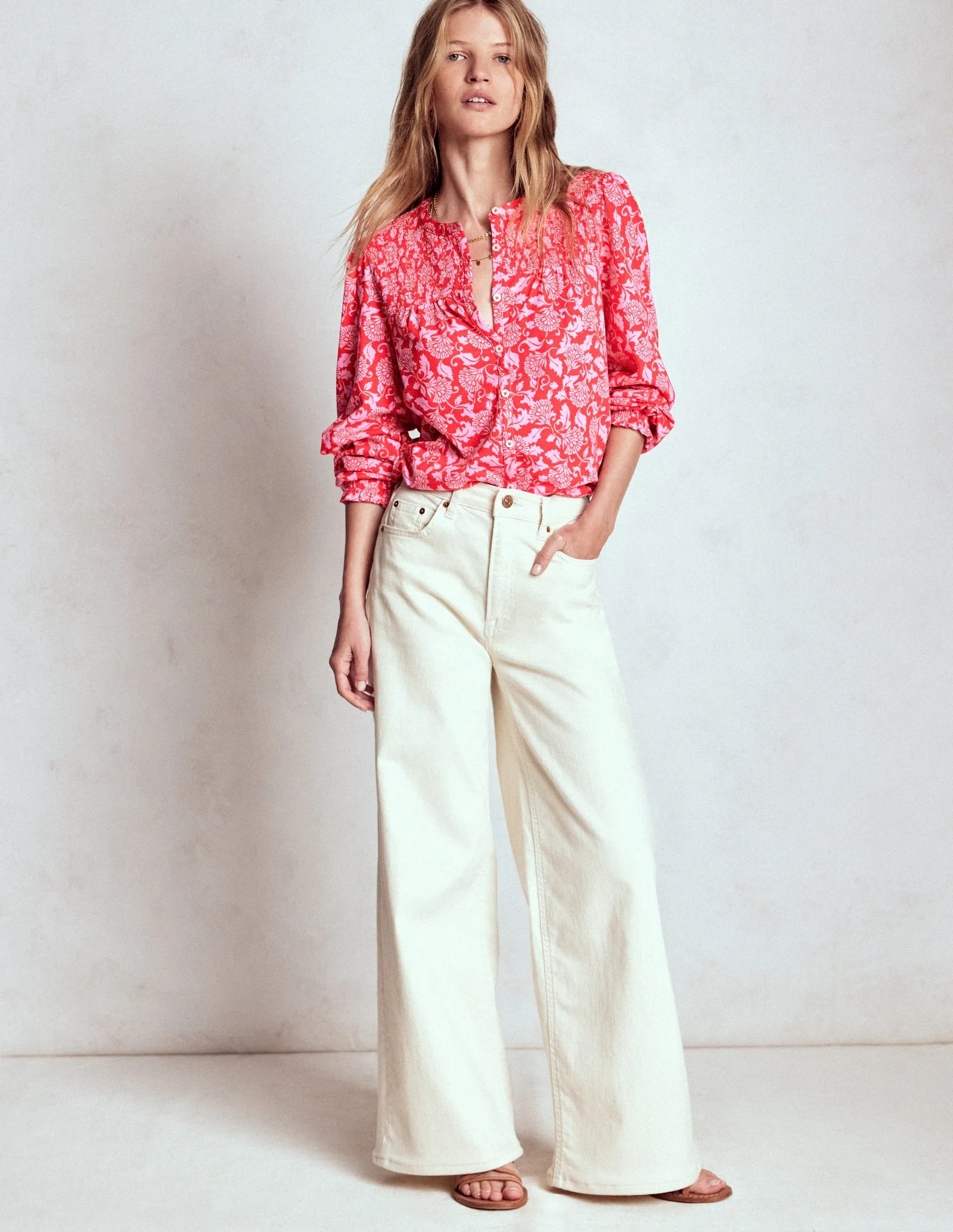 Elsa Smocked Yoke Jersey Shirt-Poppy Red, Ornate Vine Stylish Tank