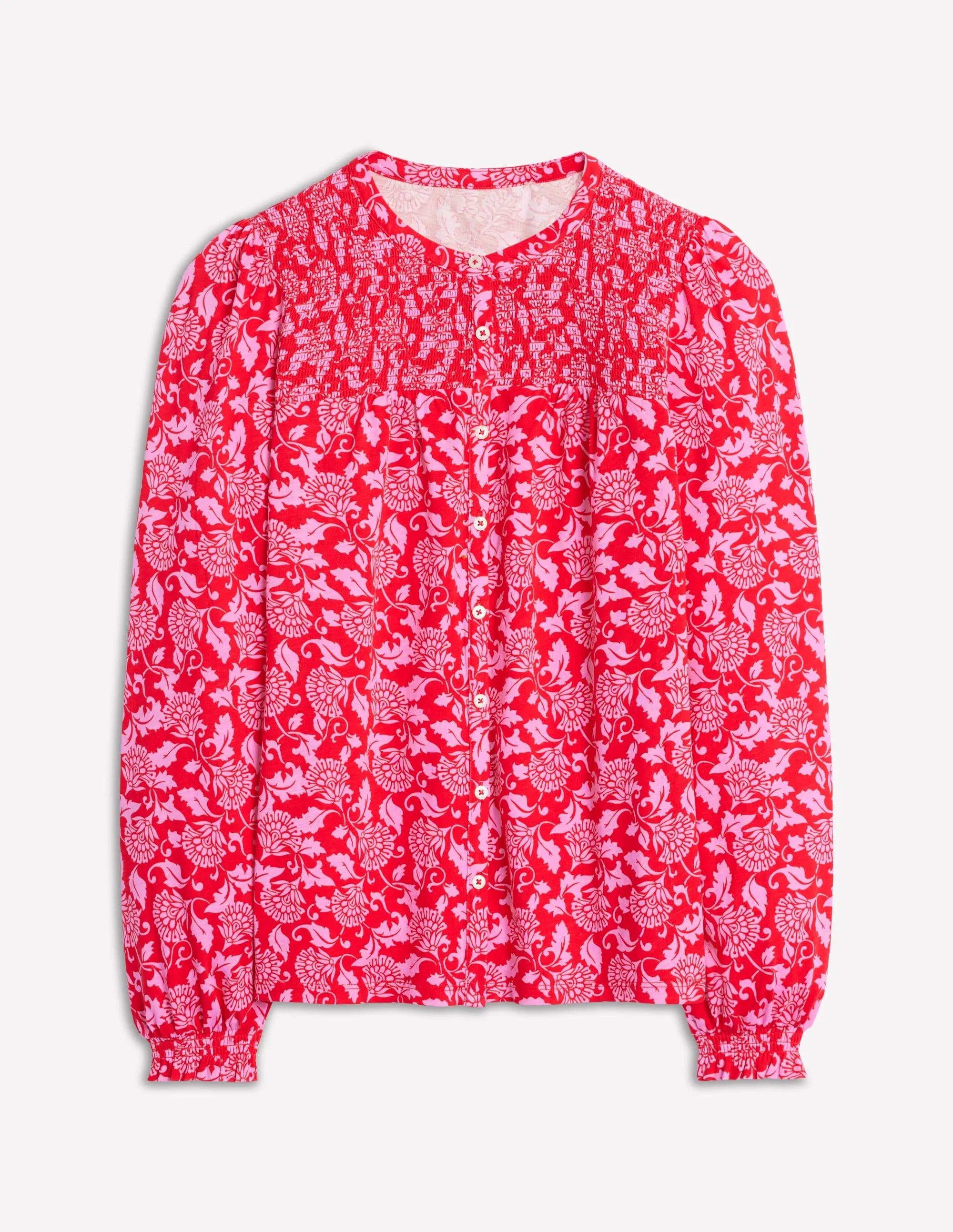 ThermalInsulation MultiPanel Design Elsa Smocked Yoke Jersey Shirt-Poppy Red, Ornate Vine