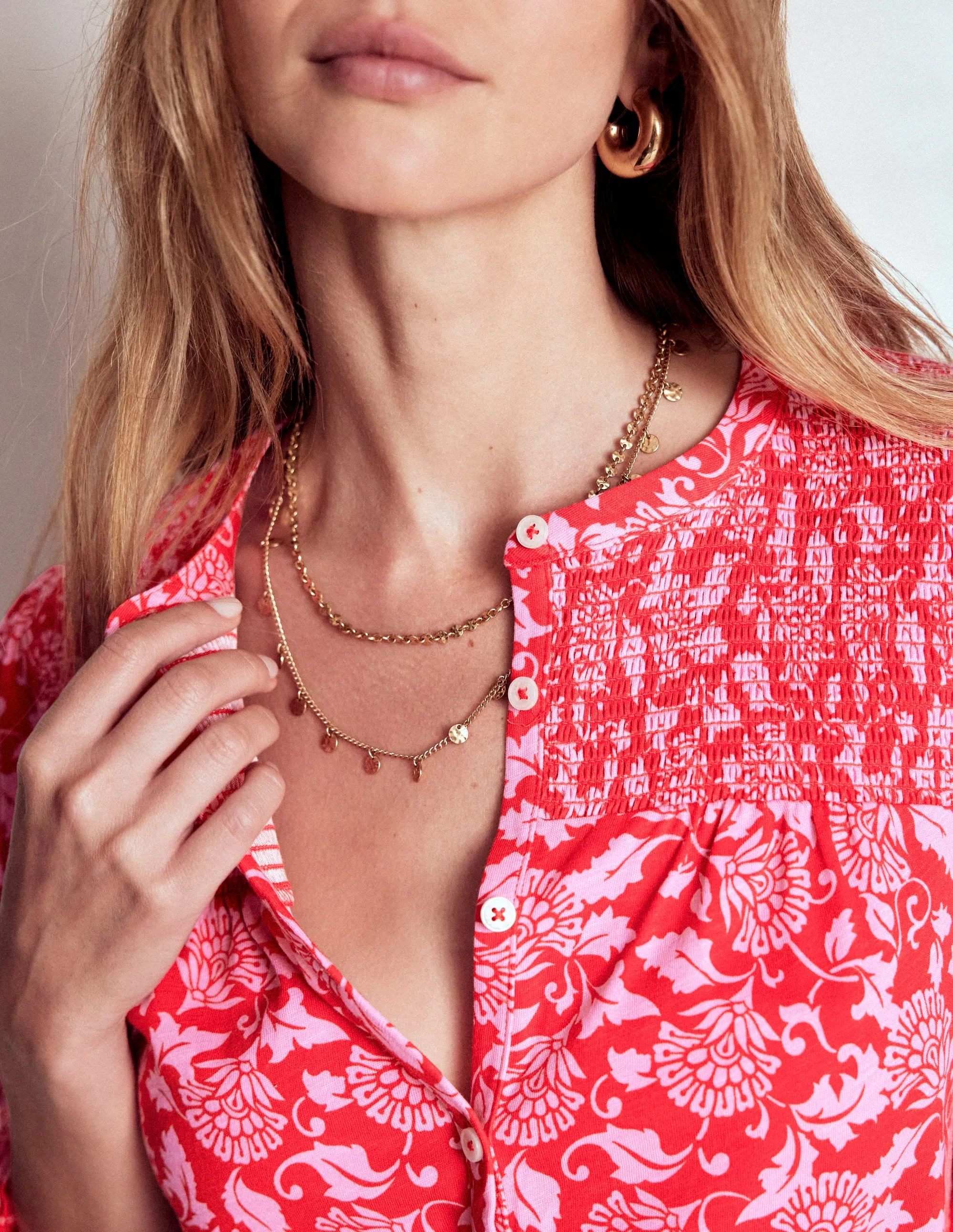 Bound Edges Elsa Smocked Yoke Jersey Shirt-Poppy Red, Ornate Vine