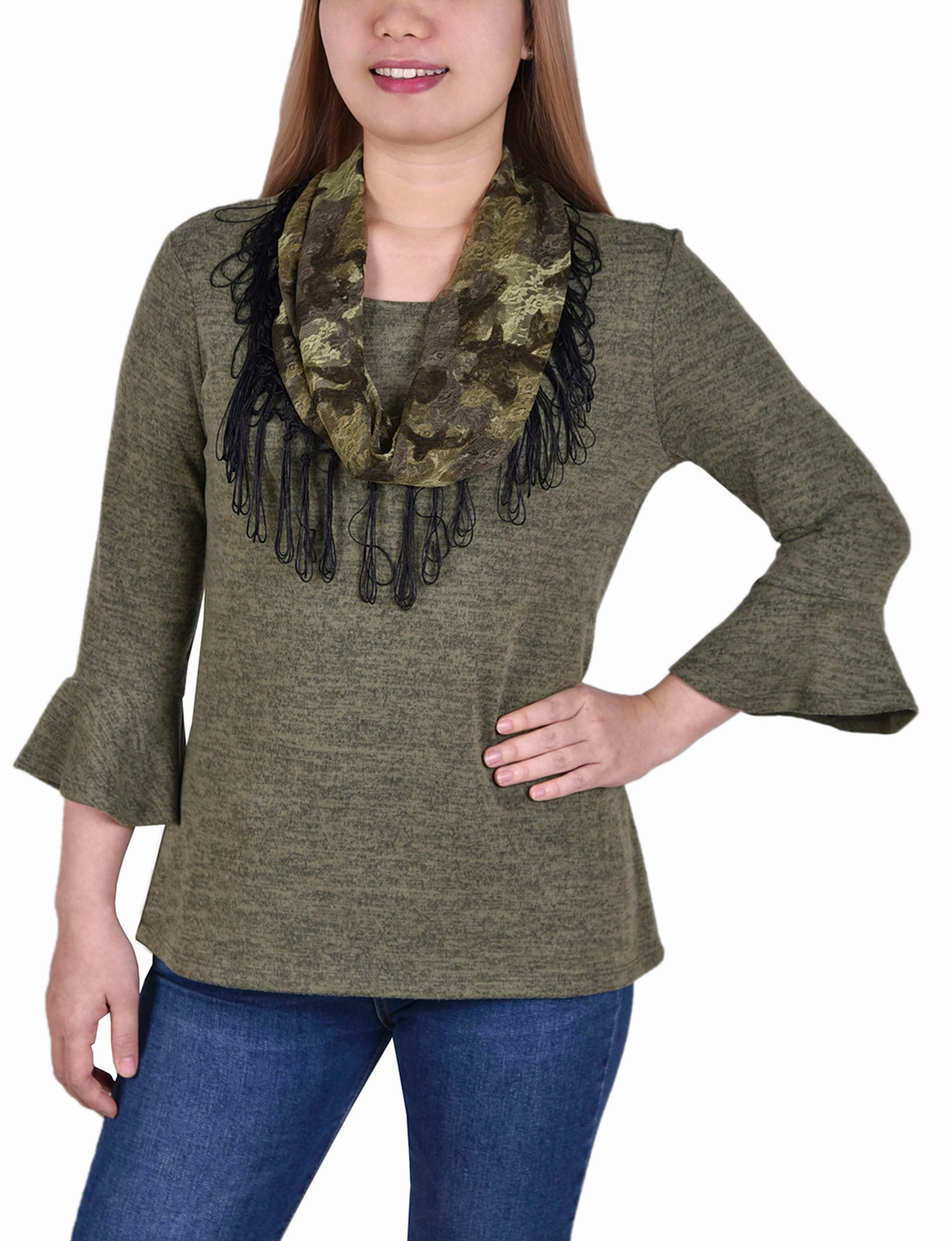 3/4 Sleeve Top With Detachable Fringed Scarf High Density Weave