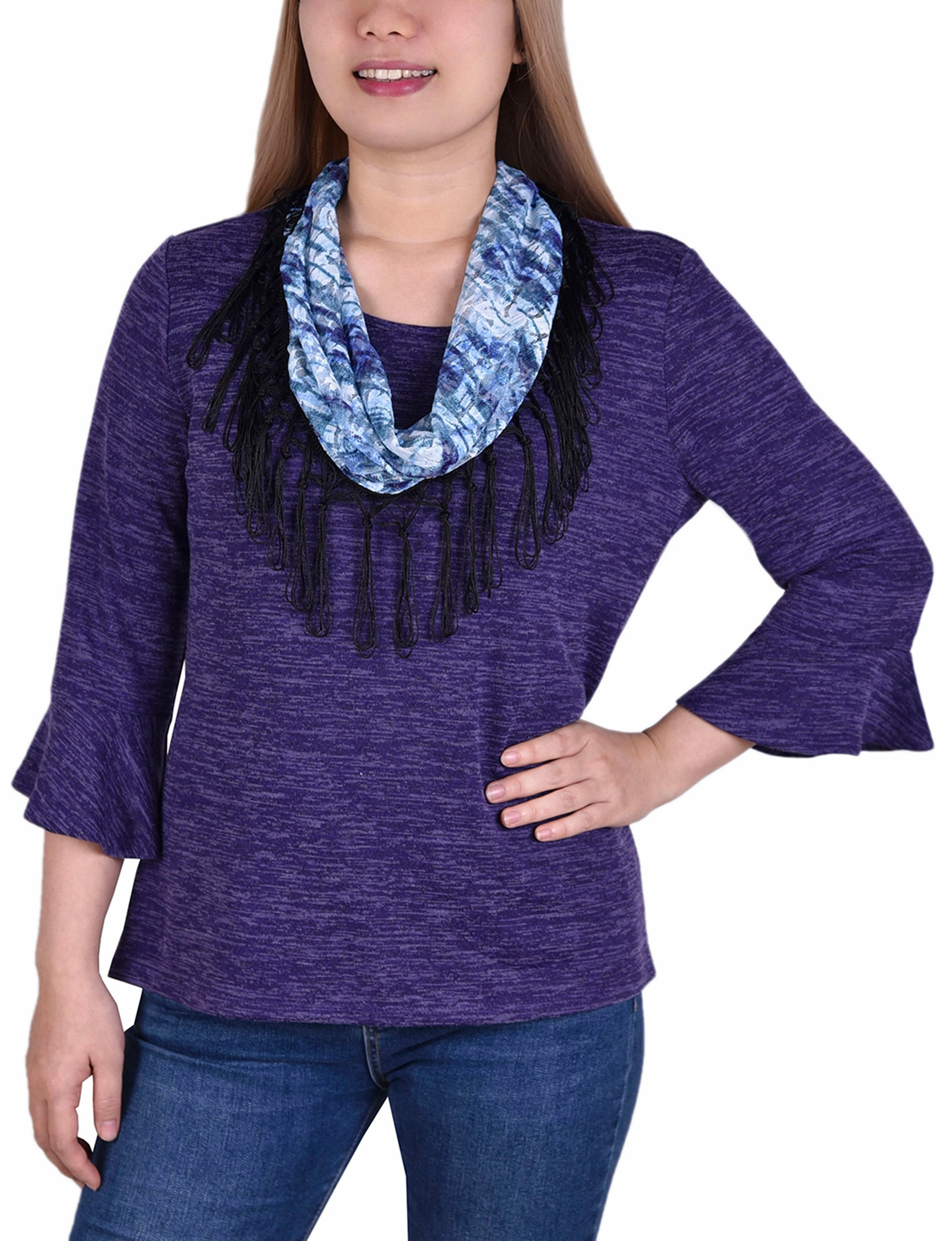 3/4 Sleeve Top With Detachable Fringed Scarf High Density Weave FlexFit Technology