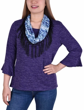 3/4 Sleeve Top With Detachable Fringed Scarf High Density Weave FlexFit Technology