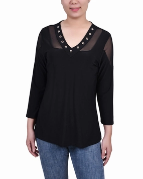 Petite Long Sleeve Top With Mesh Insets Relaxed Top Lightweight Blouse
