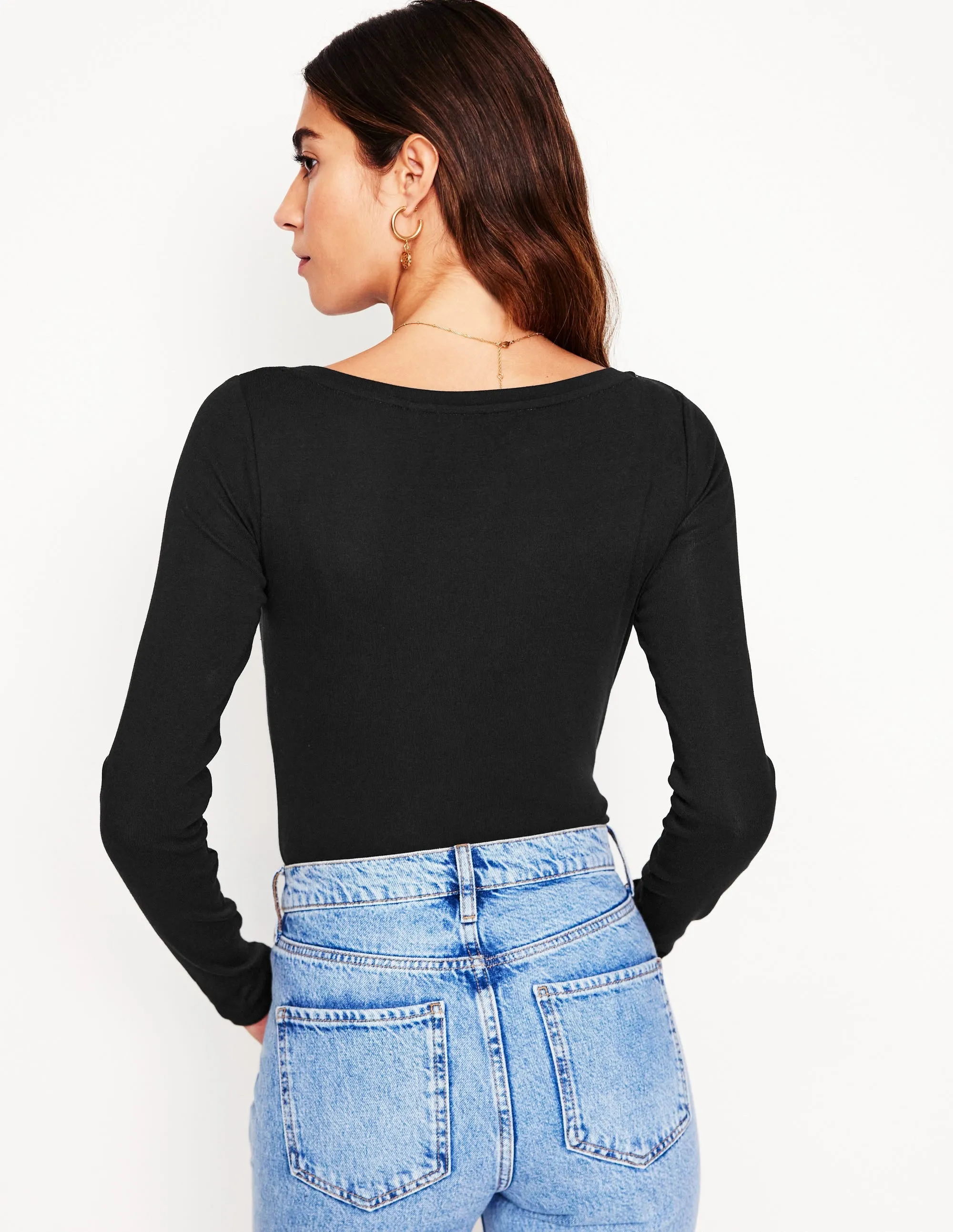 Essential Boat-Neck Jersey Top-Black Low Profile Zipper