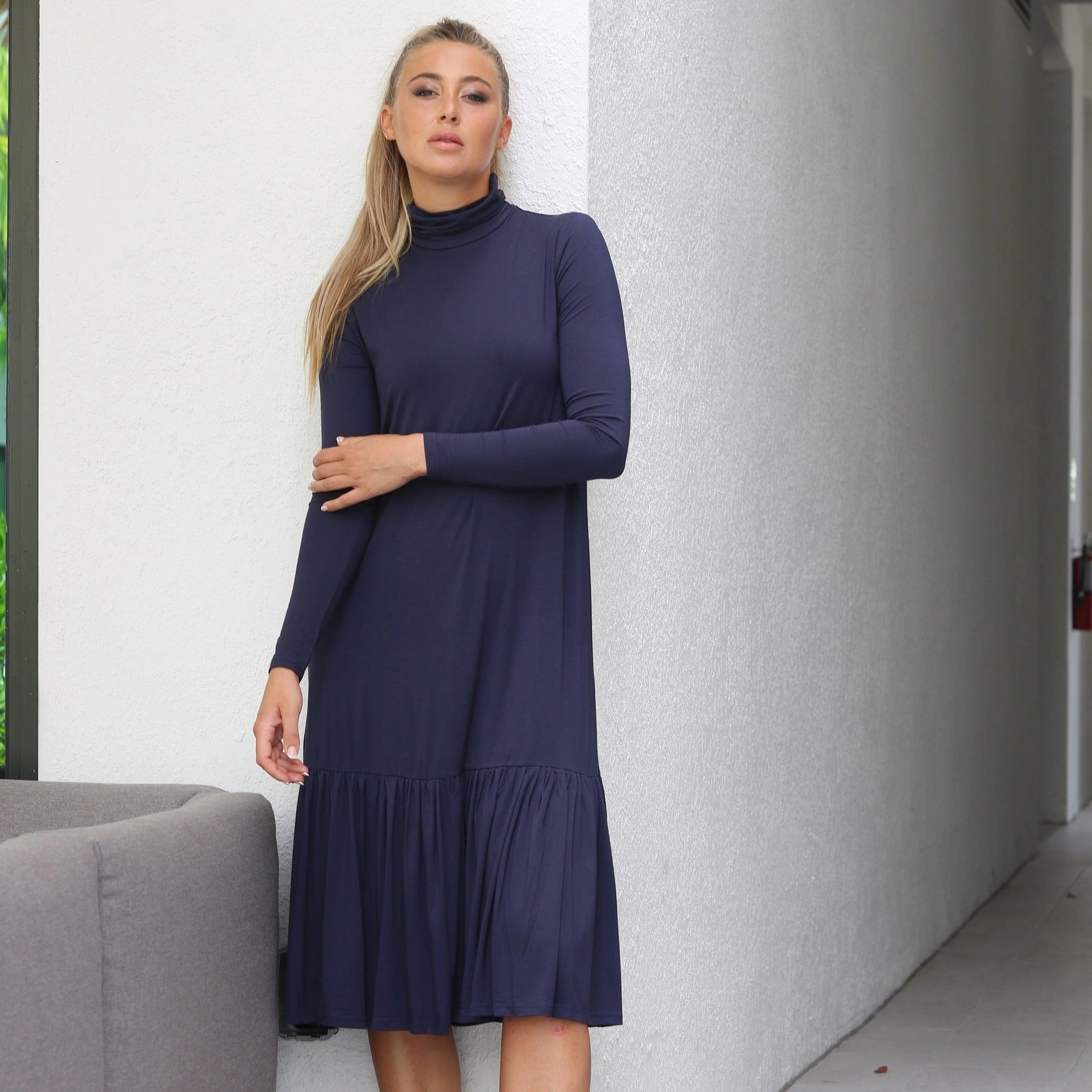 Turtleneck Dress | Navy [Final Sale] Cap-Sleeve Layered Comfort Wear
