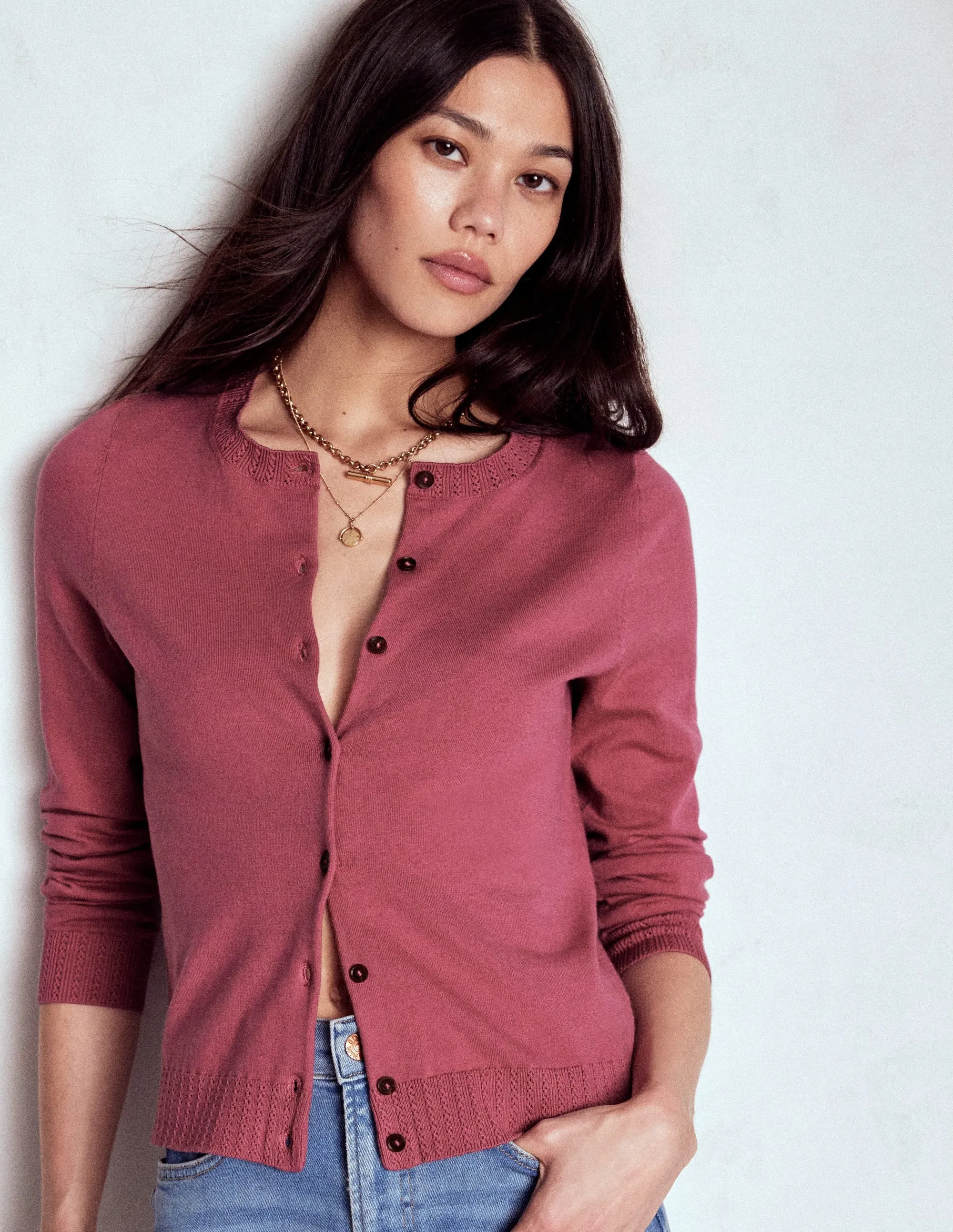 Urban Ready Emilia Cotton Crew Cardigan-Pink Heather