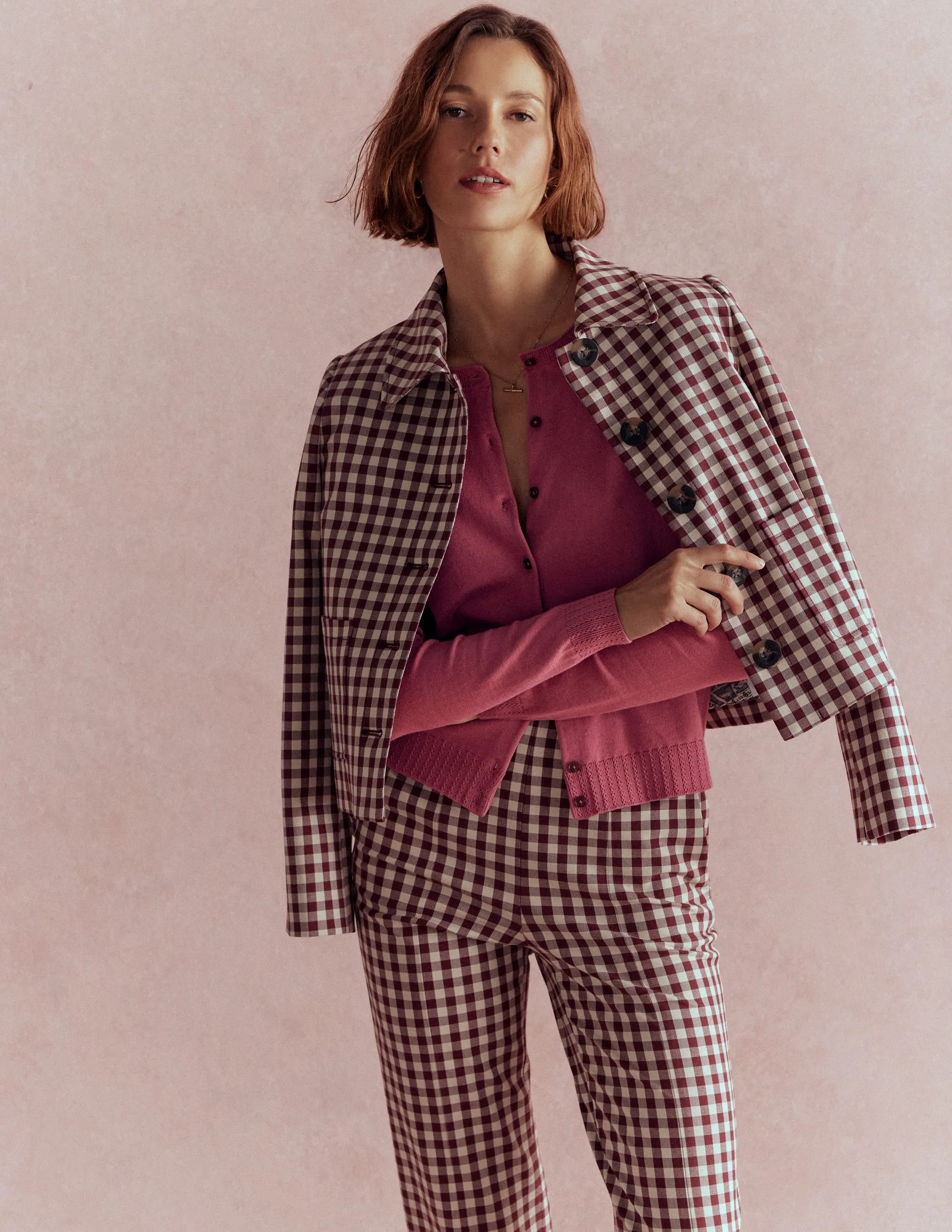 Emilia Cotton Crew Cardigan-Pink Heather Simple Aesthetic Lightweight Thermal Insulation