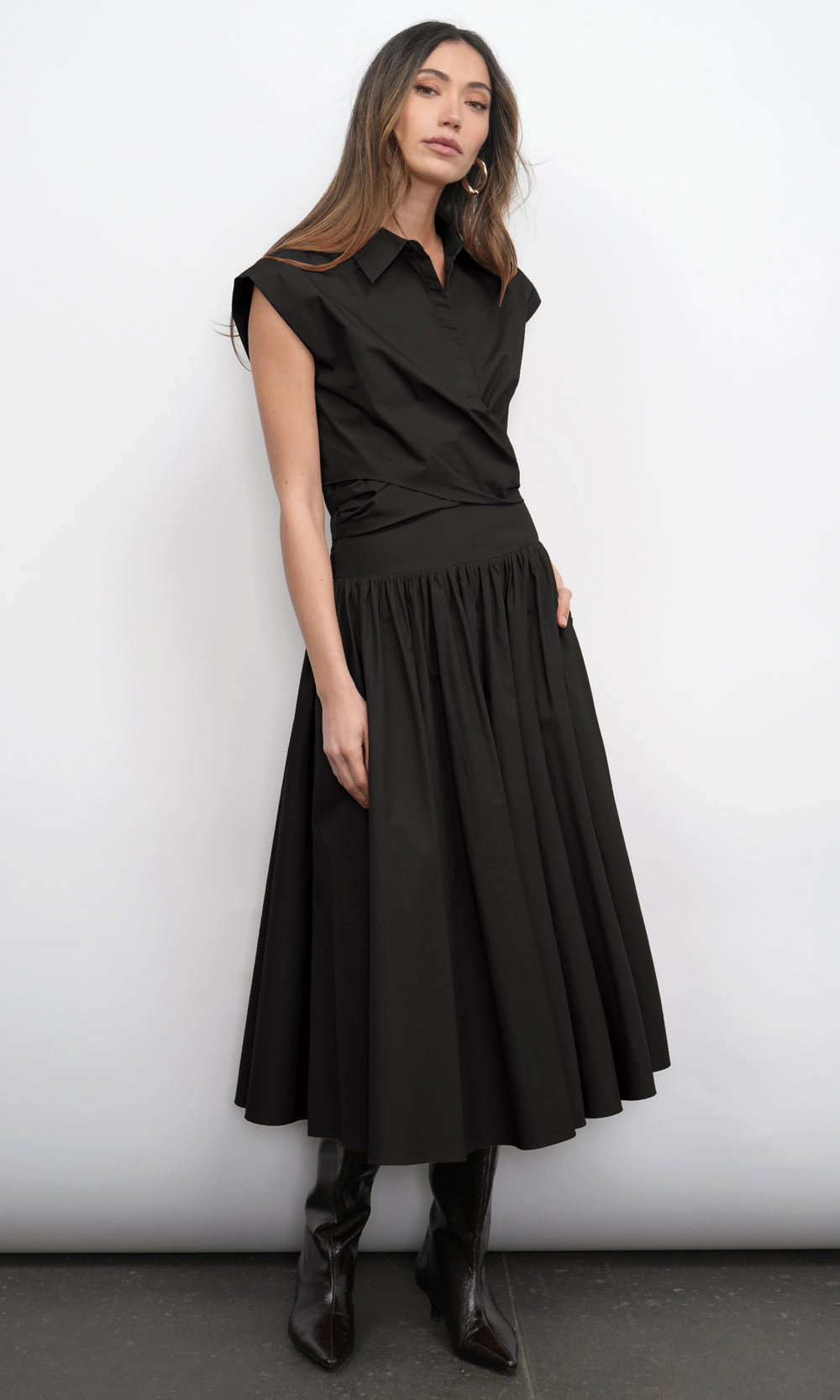 Etienne Smocked Waist Gathered Midi Skirt in Black Faux Leather