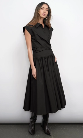 Etienne Smocked Waist Gathered Midi Skirt in Black Faux Leather