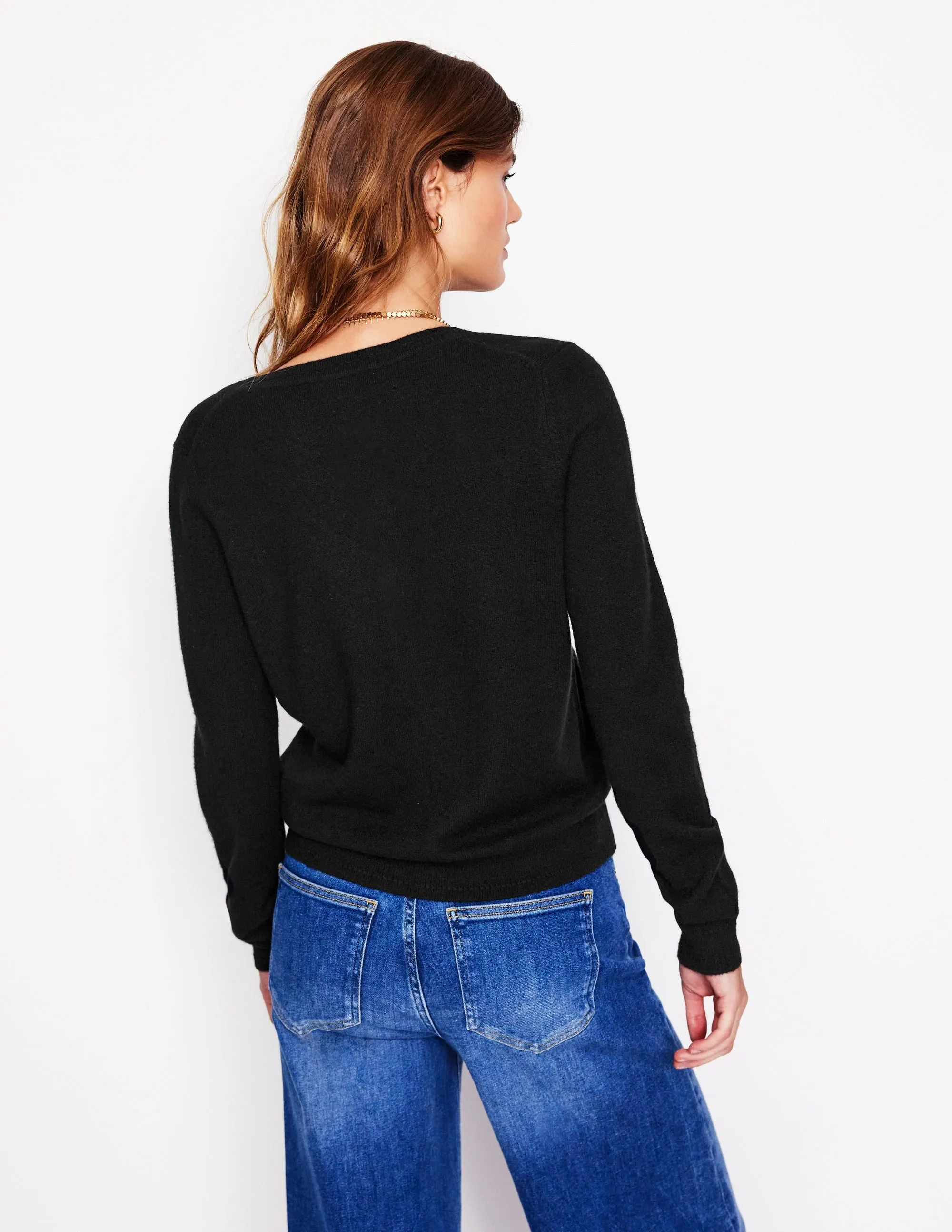 Natural Drape Ventilation Panel Design Eva Cashmere Crew Cardigan-Black