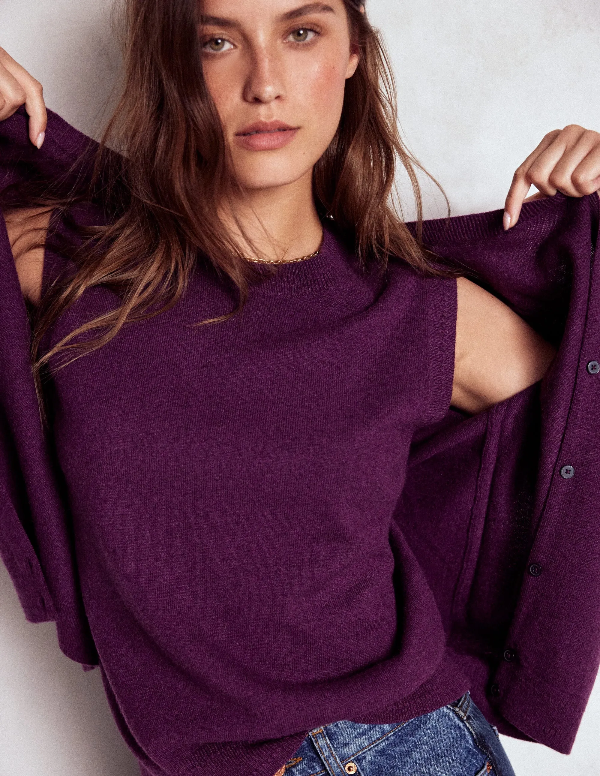 Relaxed Style StretchWeave Fabric Eva Cashmere Crew Cardigan-Plum Melange