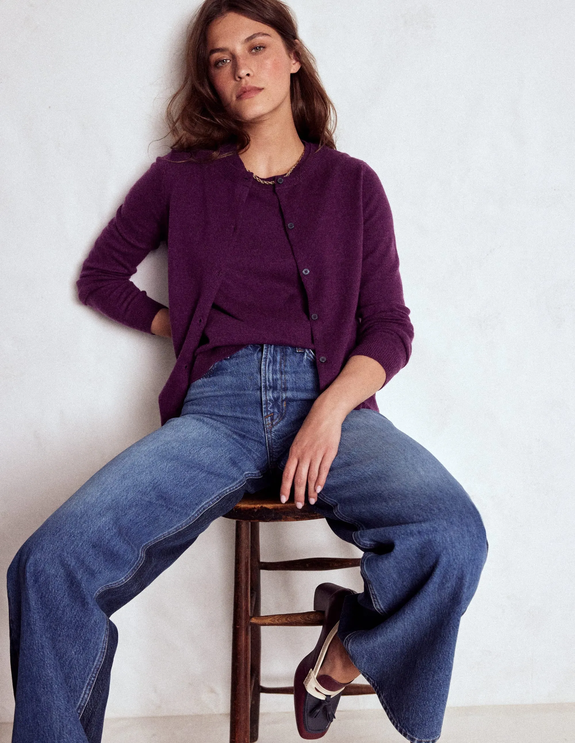 Eva Cashmere Crew Cardigan-Plum Melange Double Layered Design Travel Wear