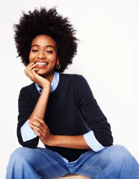 Ultra Fine Gauge Thermal Retention Lining Eva Cashmere Crew Neck Jumper-Navy