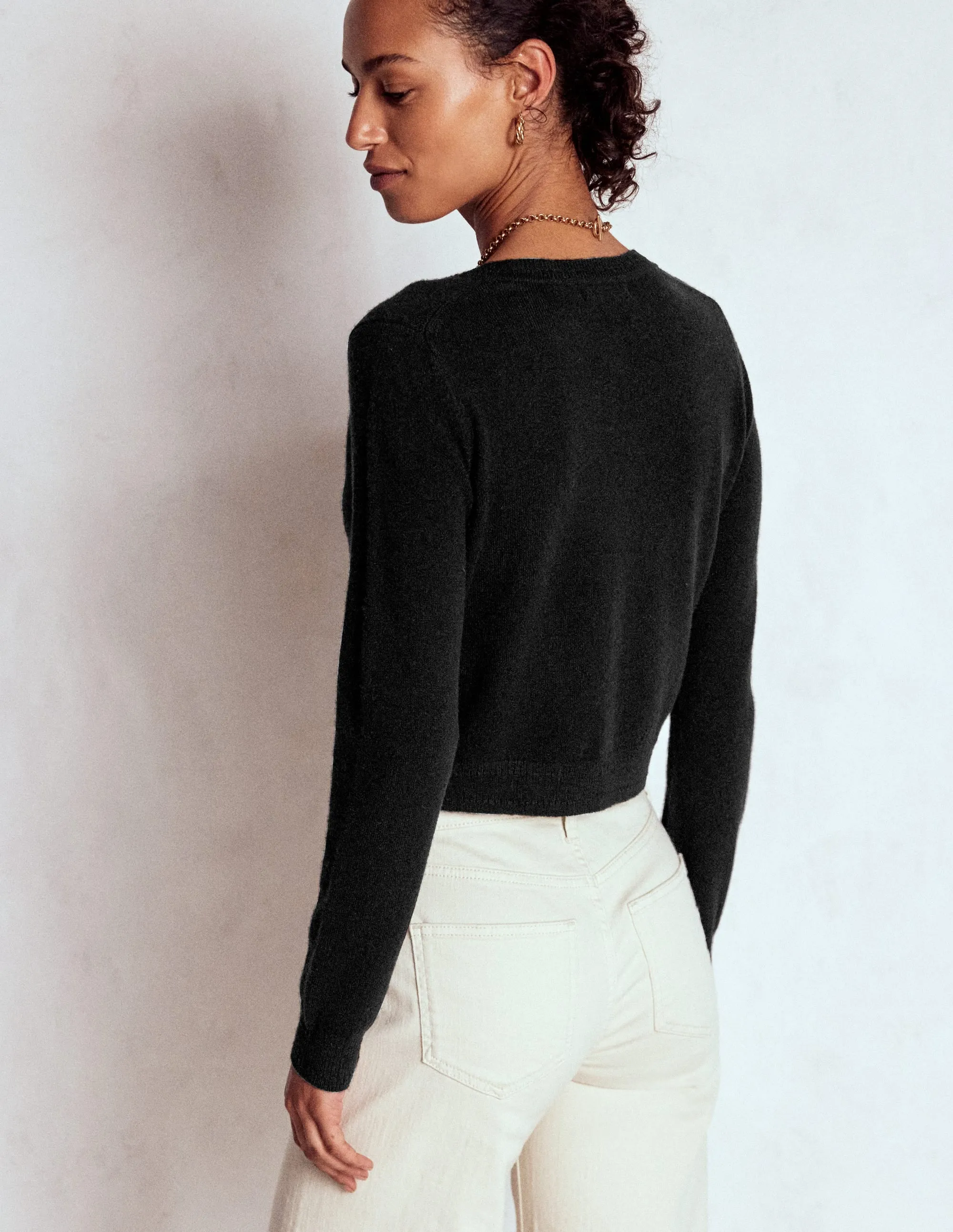 Eva Cashmere Cropped Cardigan-Black Cool Weather