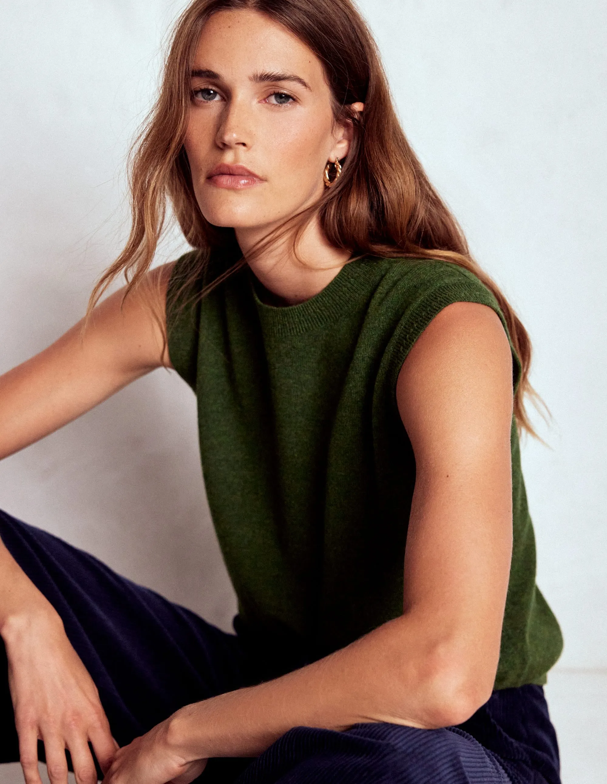 Eva Cashmere Tank-Leaf Green Melange Daily Favorite Lattice Pattern