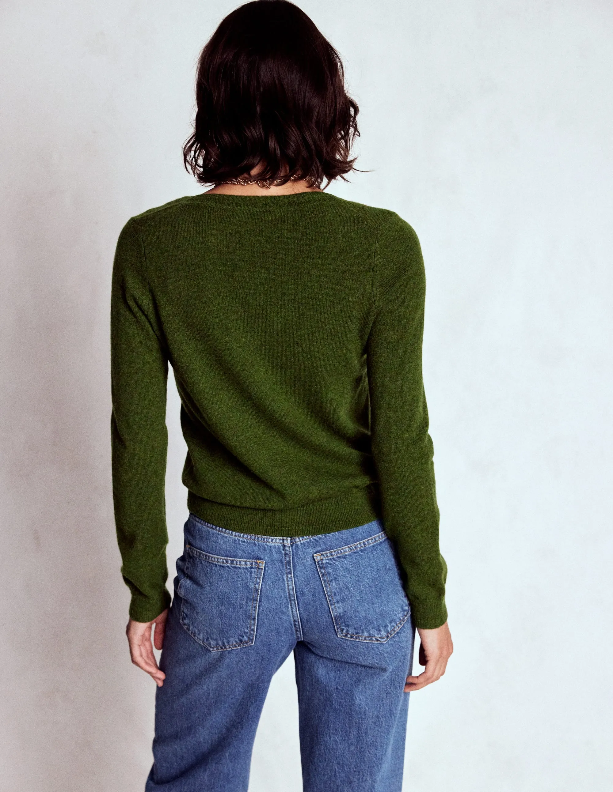 Eva Cashmere V-neck Jumper-Leaf Green Melange QuickFabric Recovery
