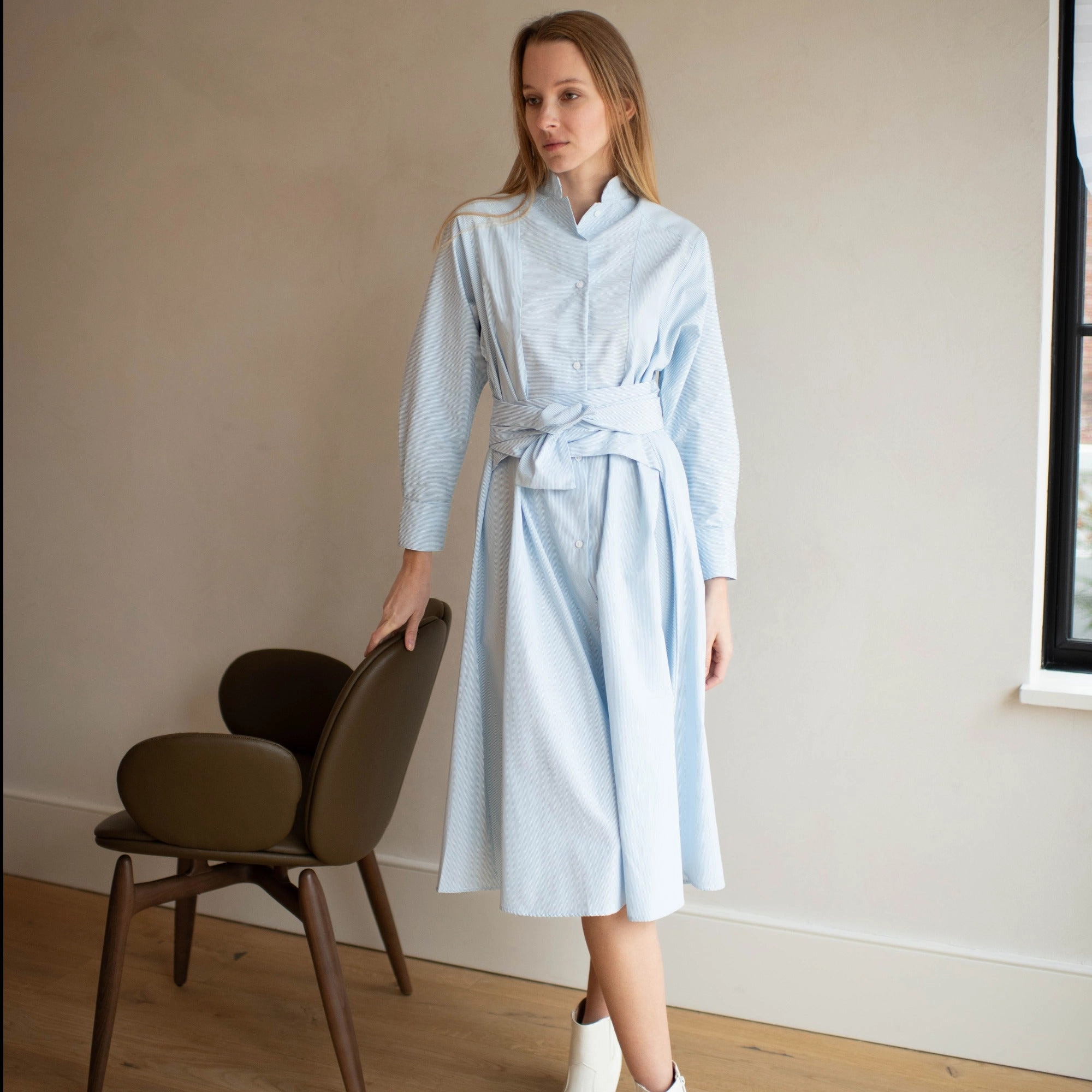 Anti-Static-Finish Classic-style La Ville Dress| Soft Blue [Final Sale]