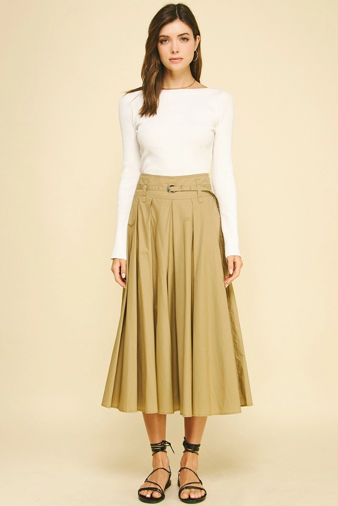Street Edge Clementine Belited Midi Skirt in Khaki