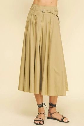Clementine Belited Midi Skirt in Khaki Subtle Detail