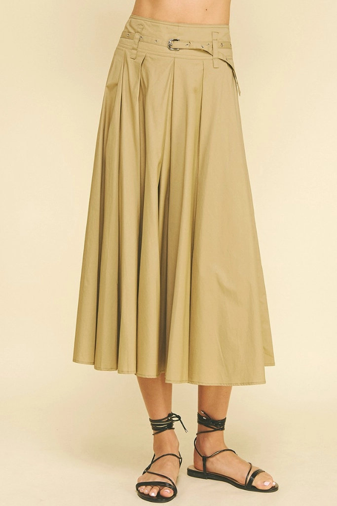 Clementine Belited Midi Skirt in Khaki Subtle Detail