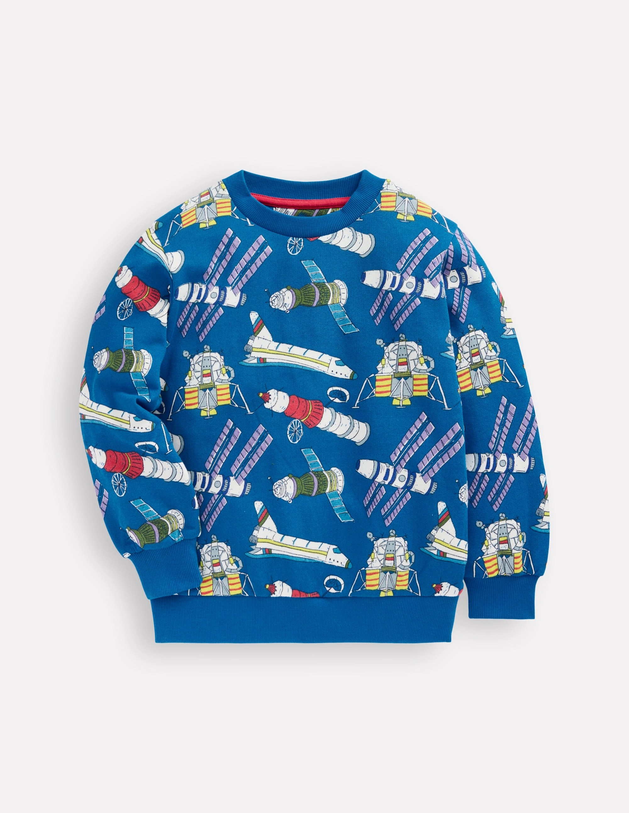 Button Down Collar Everyday Printed Sweatshirt-Kingfisher Blue Satellites