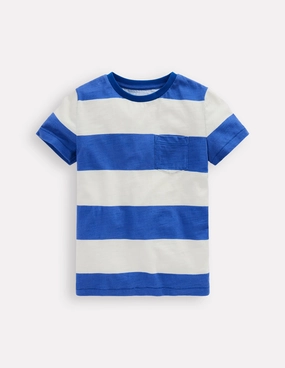 Reinforced Shoulder Seams MinimalistStyle Everyday Short Sleeve T-Shirt-Bright Blue /Soft Ivory Stripe