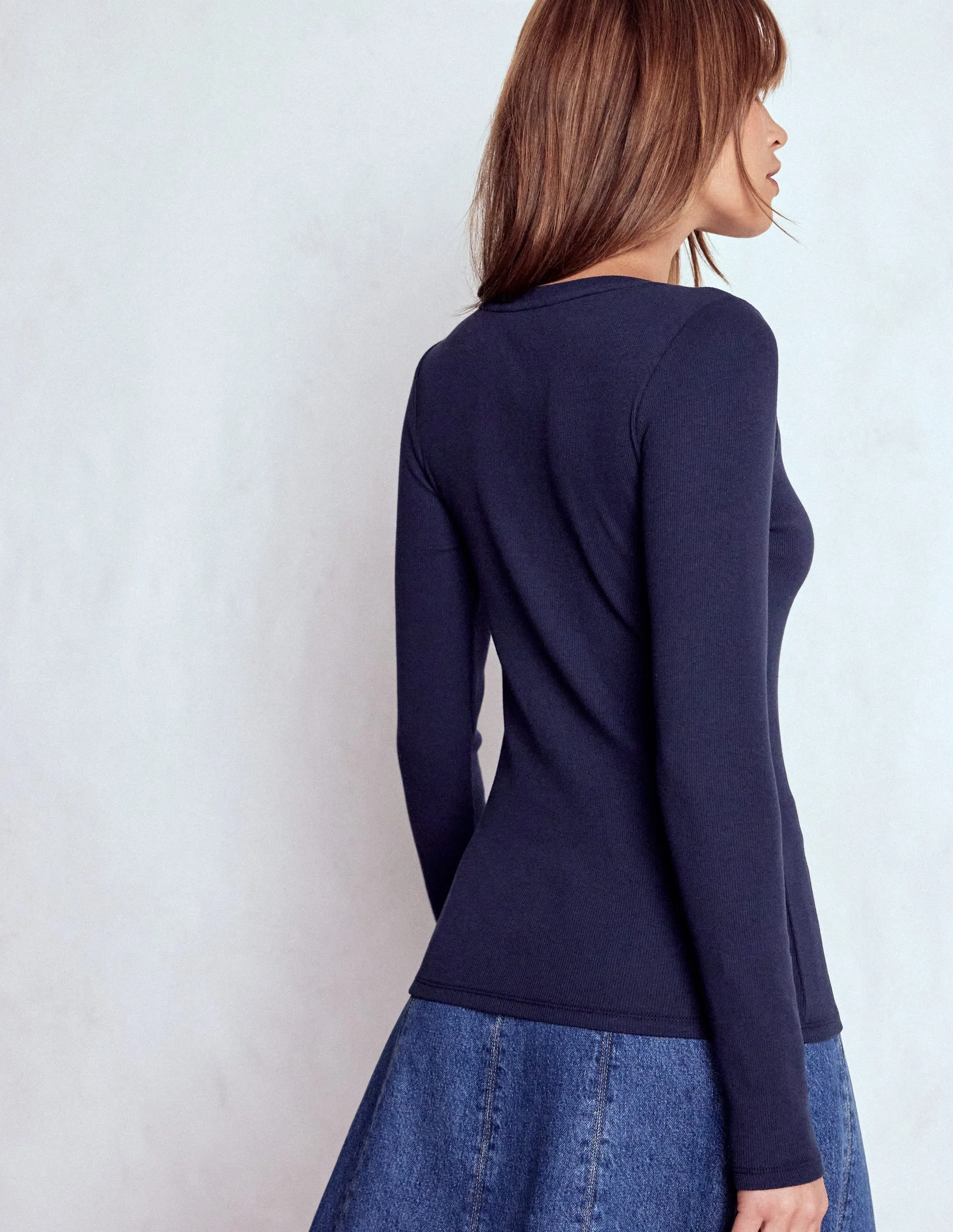 Minimalist Design Evie Button Through Ribbed Top-Navy