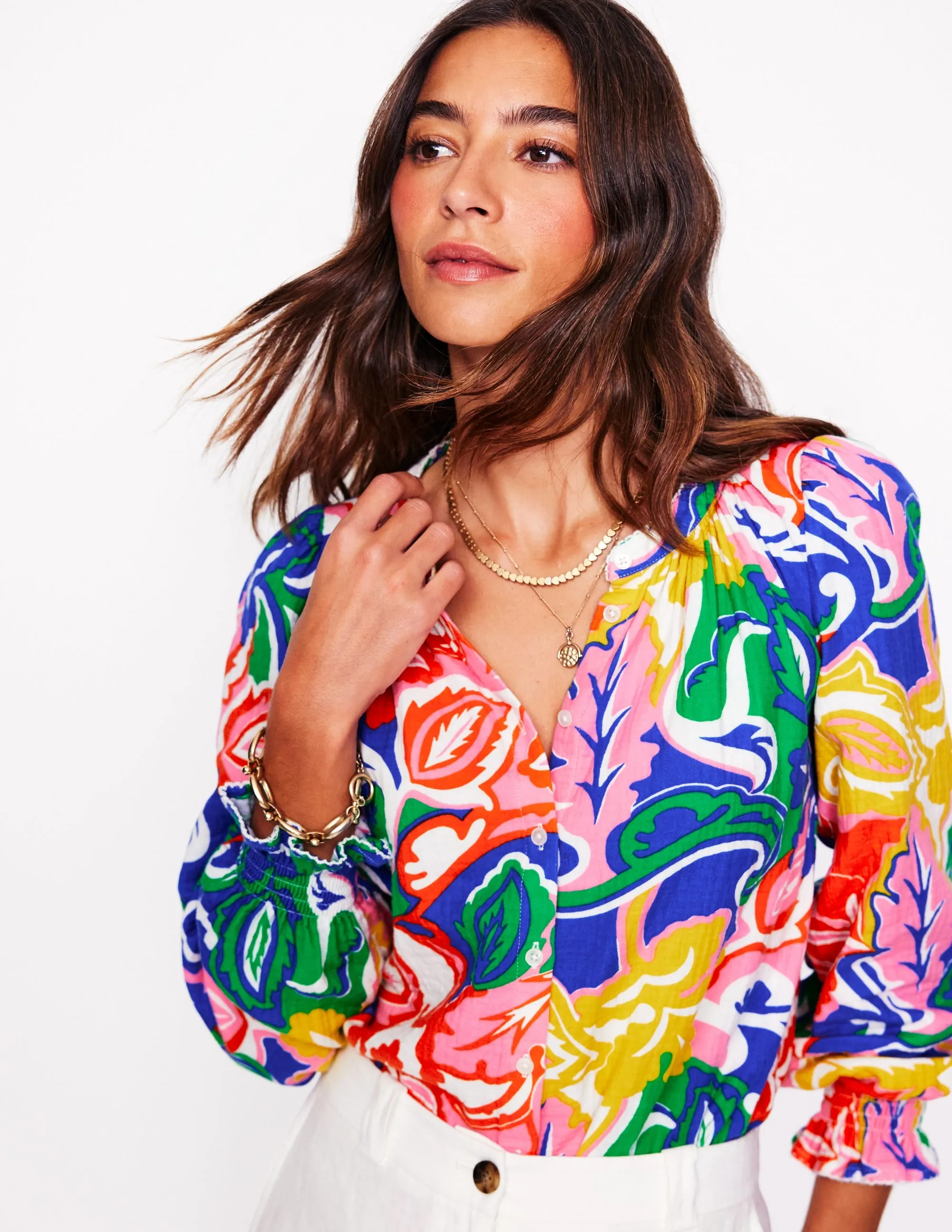 Comfortable Wear DoubleStitched Hemming Evie Double Cloth Top-Multi, Foliage Twirl