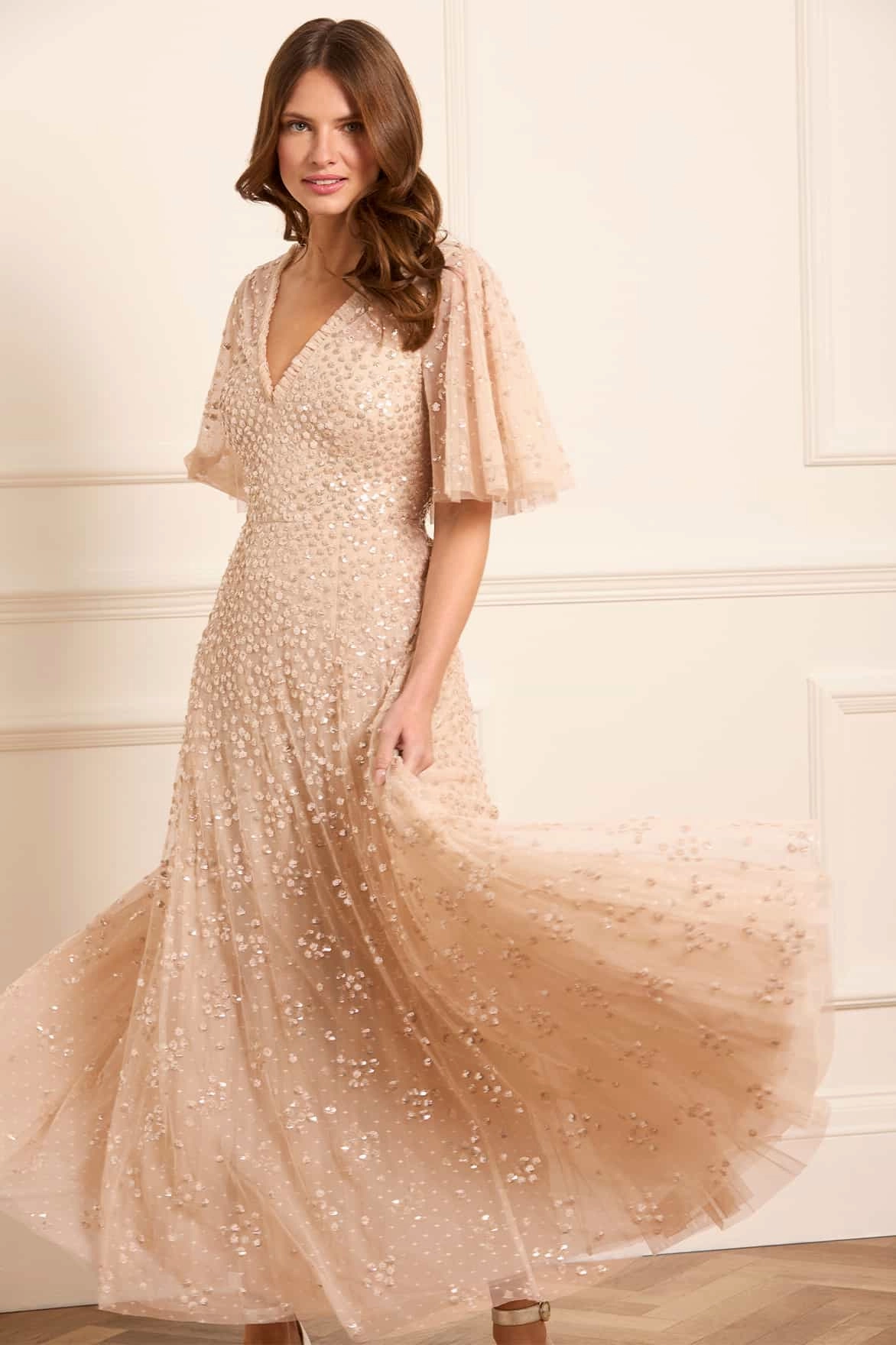 Leila Dot V-Neck Cape Ankle Gown Mood Flex Relaxed outdoor dress