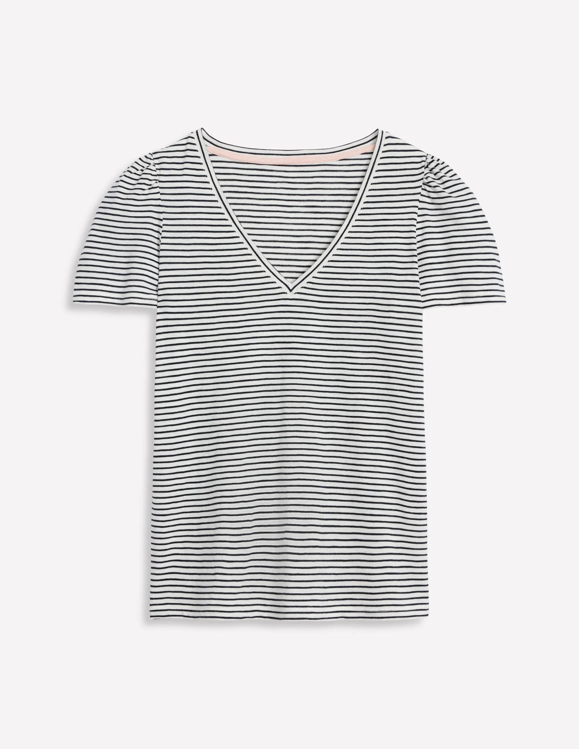 Short Sleeve V Neck T-shirt-Ivory, Navy Stripe Oversized Silhouette Sustainable Fabric Blend