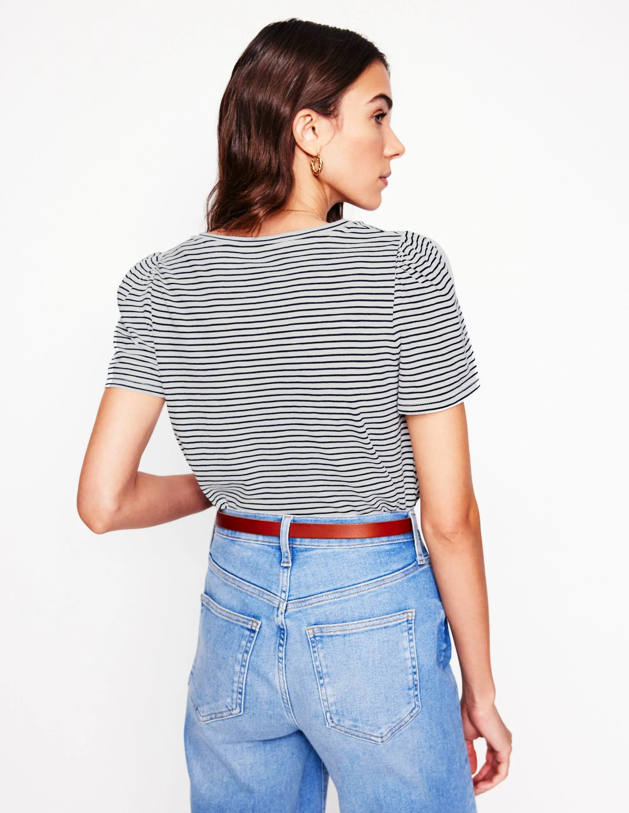 Short Sleeve V Neck T-shirt-Ivory, Navy Stripe FlexibleMobility ReinforcedArmholes