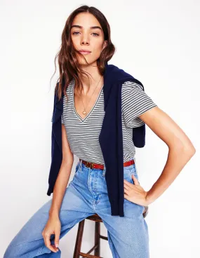 FrenchTerry ContrastTipping Short Sleeve V Neck T-shirt-Ivory, Navy Stripe