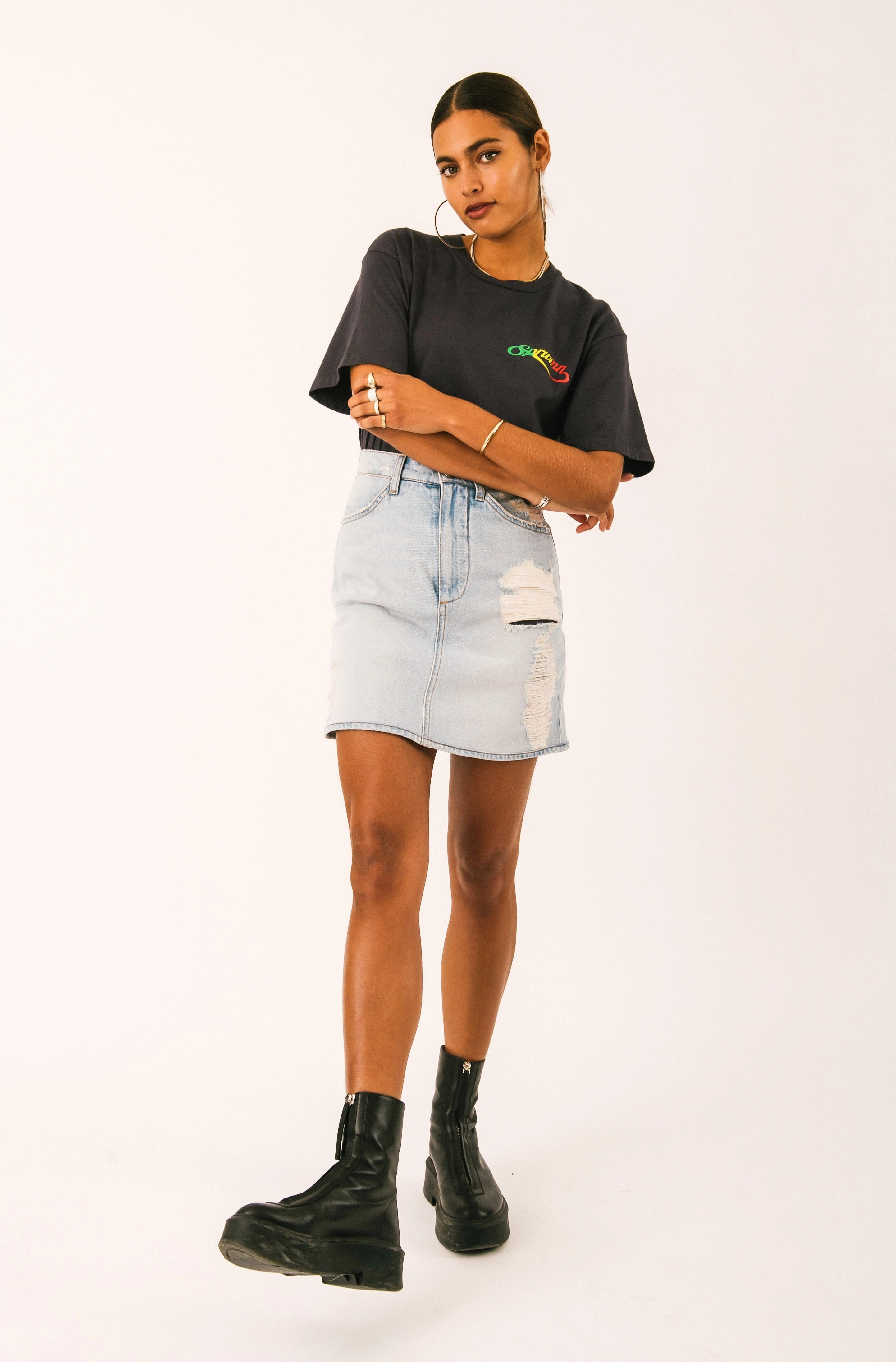 Comfortable Layer Faded Black Cotton Script Logo Tee