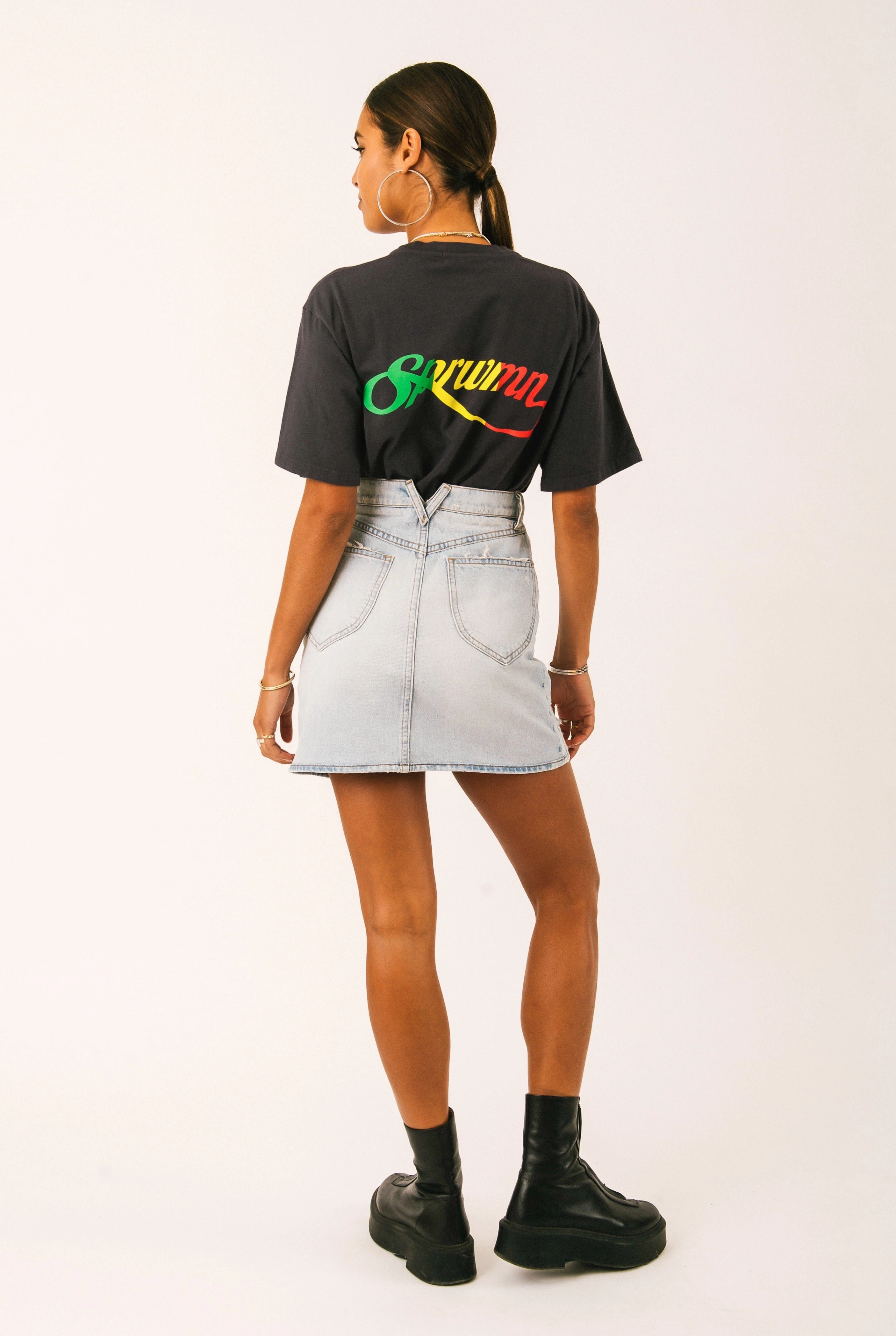 Faded Black Cotton Script Logo Tee Oversized Collar MultiPocketDesign