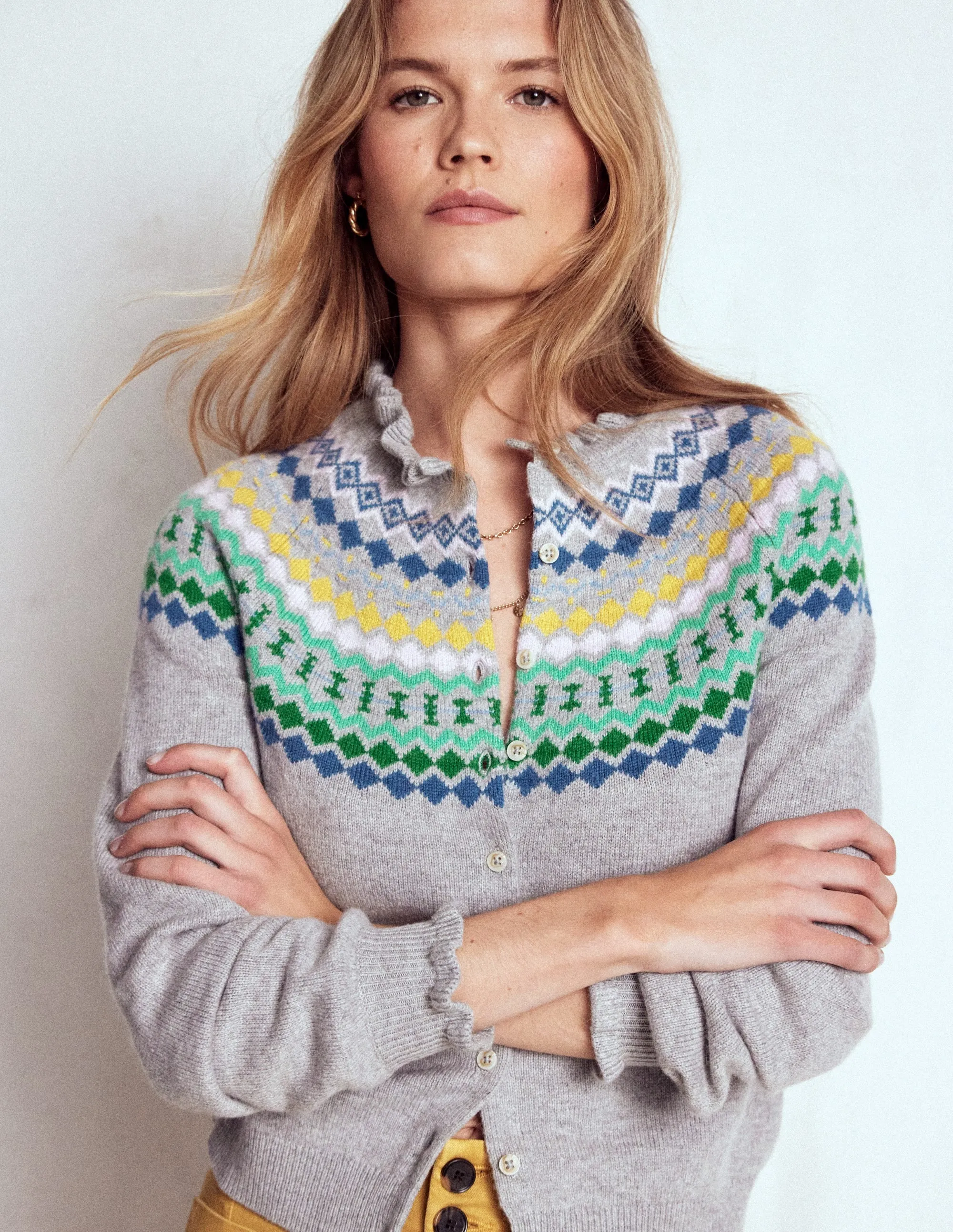 Fae Fair Isle Frilled Cardigan-Grey Melange Soft Material Ready Style