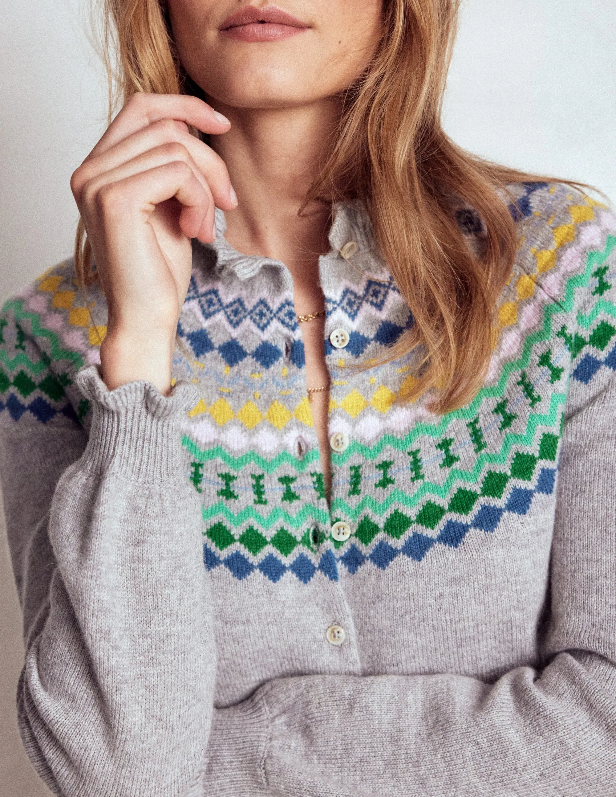 Fae Fair Isle Frilled Cardigan-Grey Melange Day To Day Go-To Look