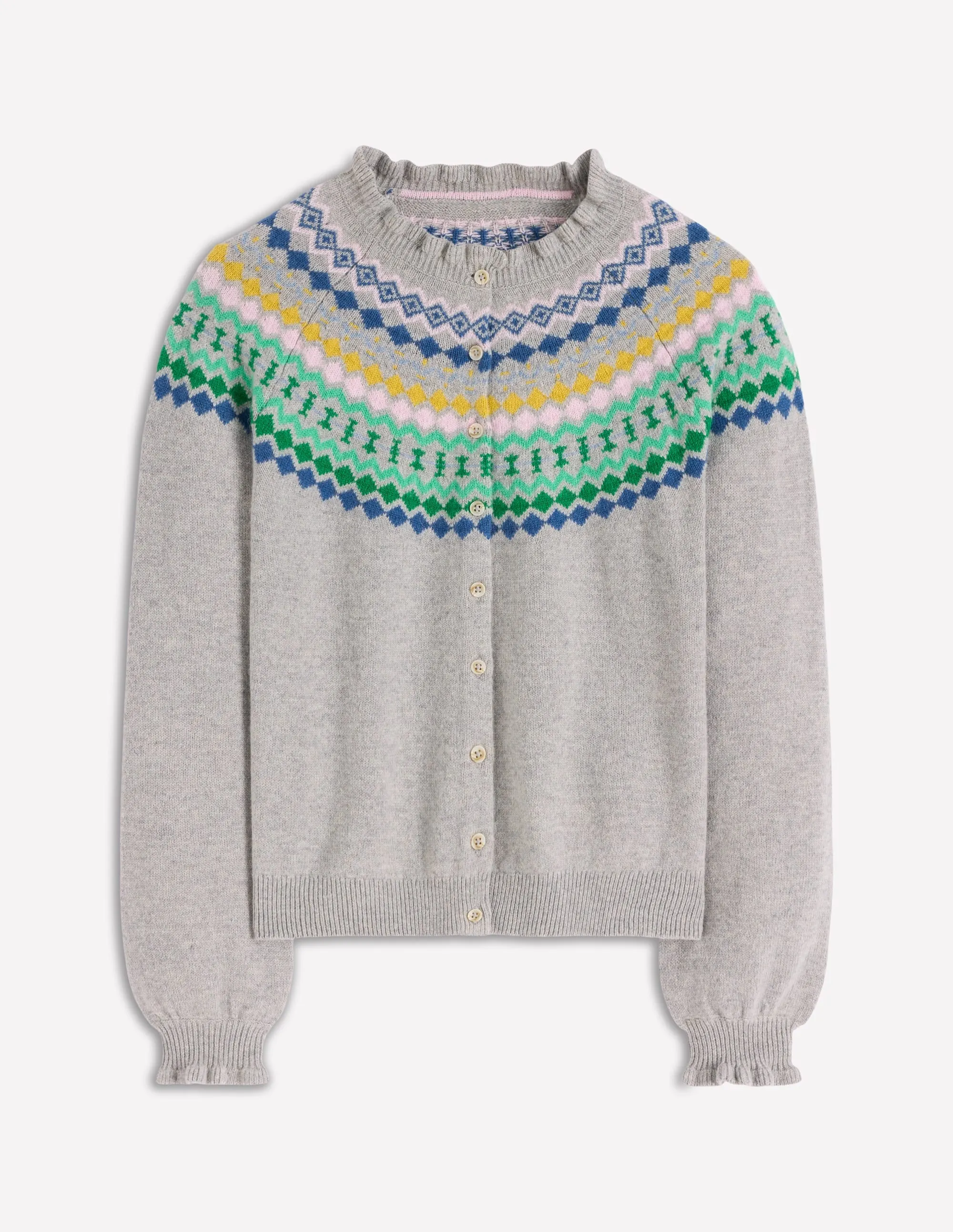 Stylish Staple Fae Fair Isle Frilled Cardigan-Grey Melange