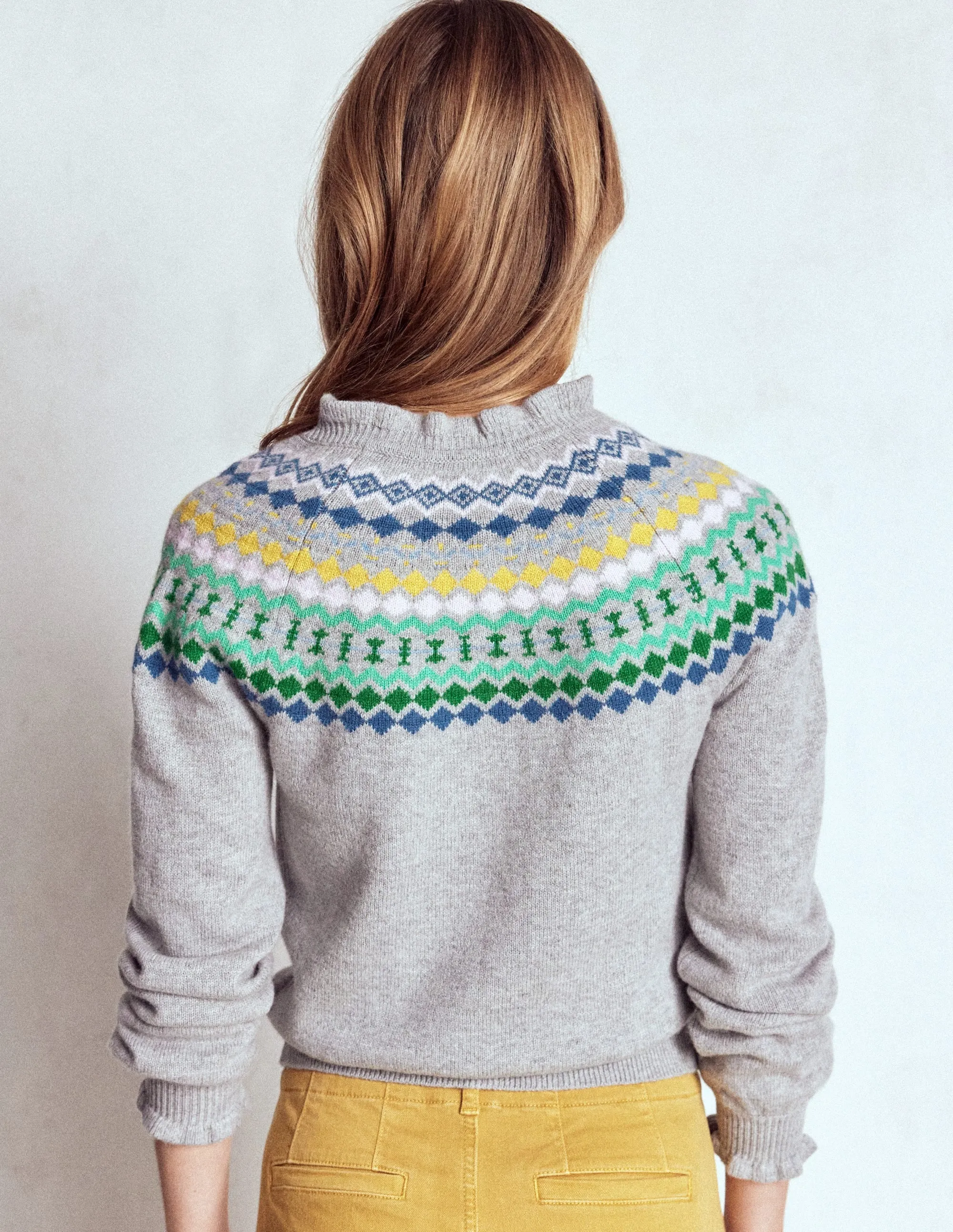 Fae Fair Isle Frilled Cardigan-Grey Melange Biodegradable Fiber Blend