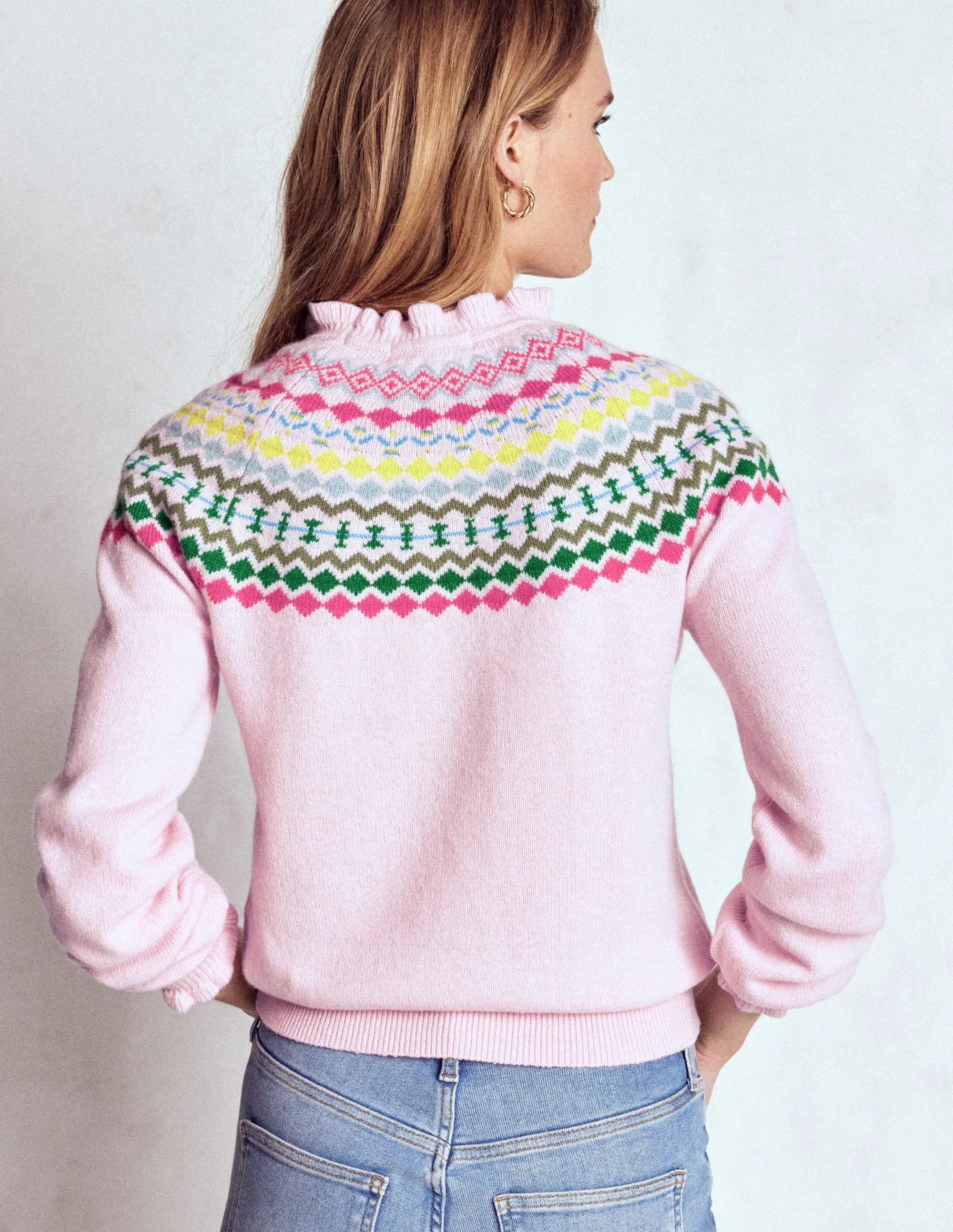 Breathable Mesh Paneling Fae Fair Isle Frilled Jumper-Sheer Pink Melange