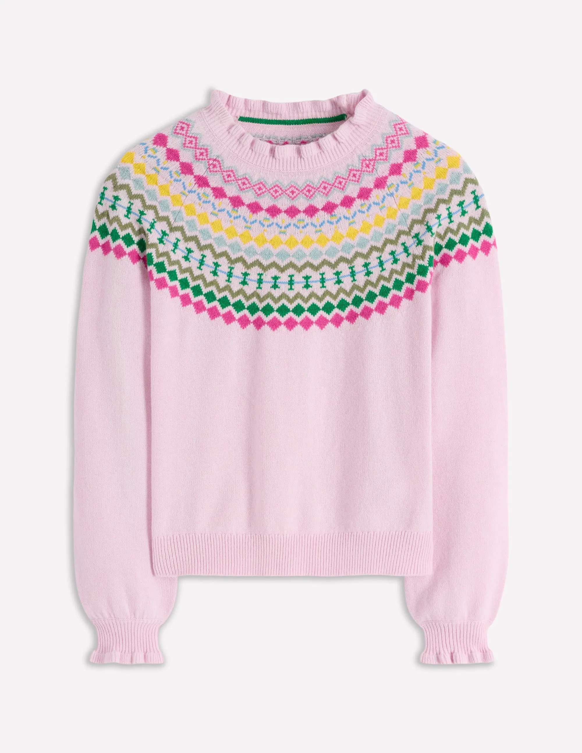 Fae Fair Isle Frilled Jumper-Sheer Pink Melange Versatile Warmth Compact Knit Technique