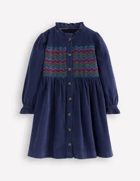 Suki Long Sleeve Smocked Dress-College Navy Quilted-Lining Front-Pocket