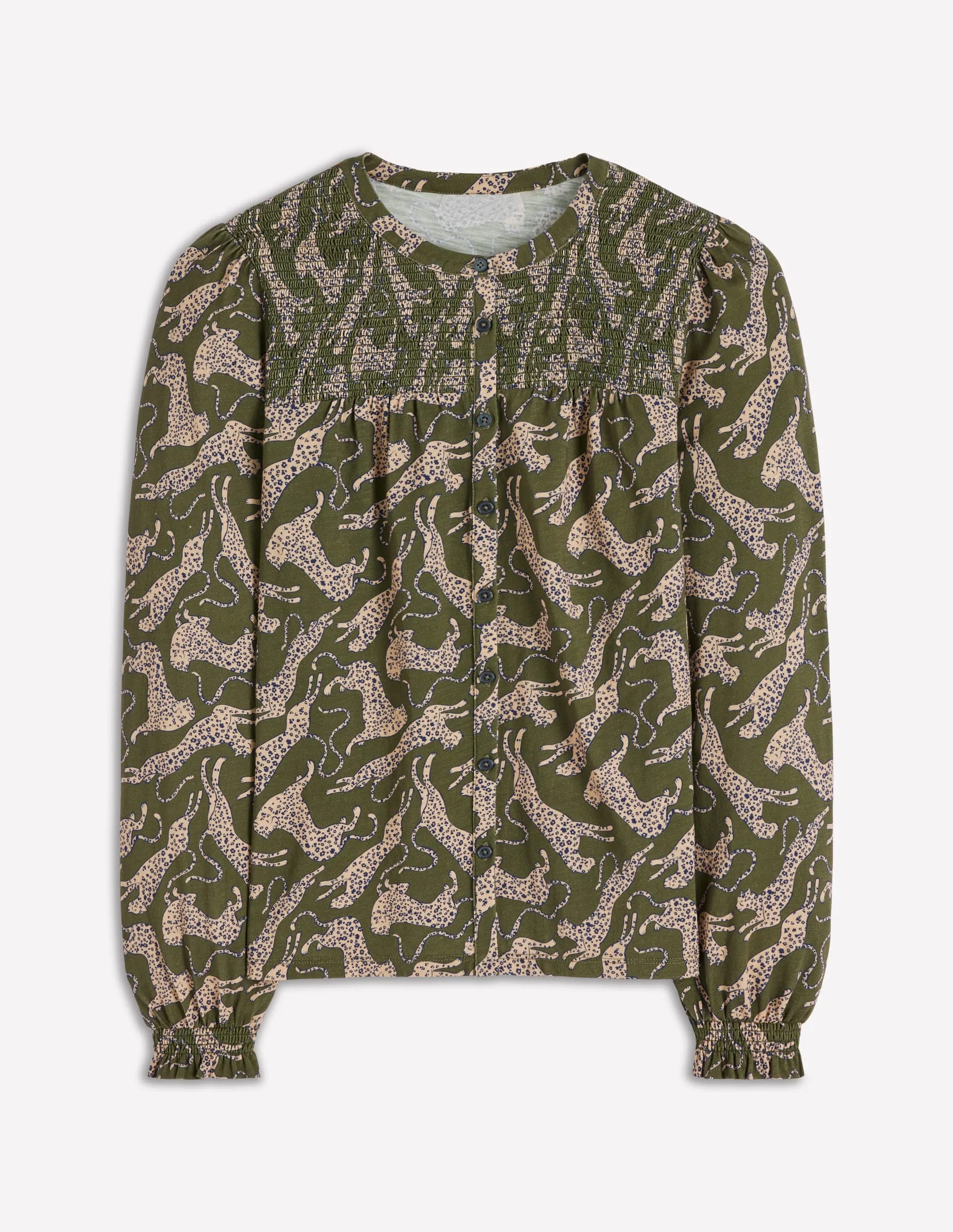 Elsa Smocked Yoke Jersey Shirt-Green, Leaping Leopard Durable Weave PreWashed