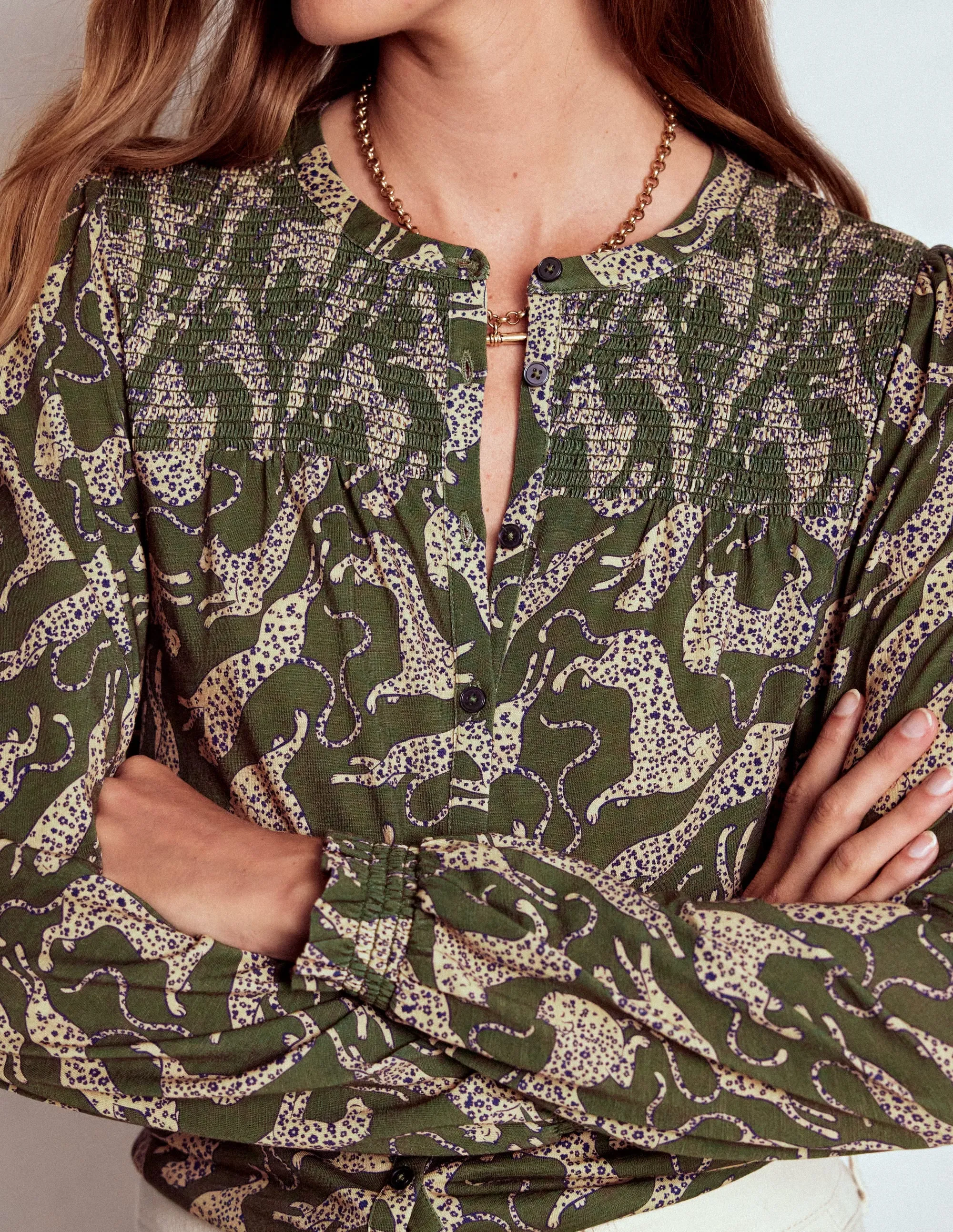 Elsa Smocked Yoke Jersey Shirt-Green, Leaping Leopard CollapsibleFrame Recycled Fiber Blend