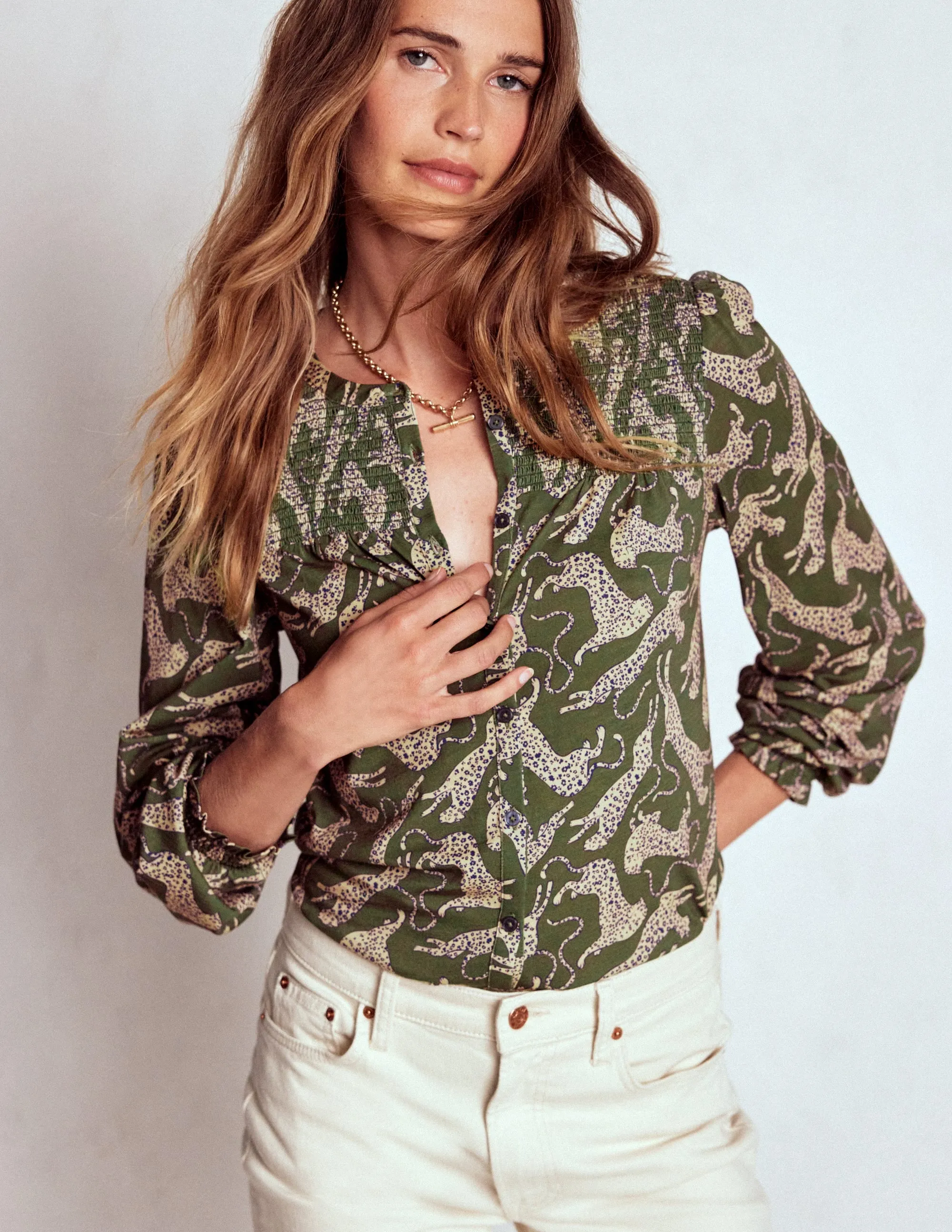 Hybrid Fabric Blend Elsa Smocked Yoke Jersey Shirt-Green, Leaping Leopard