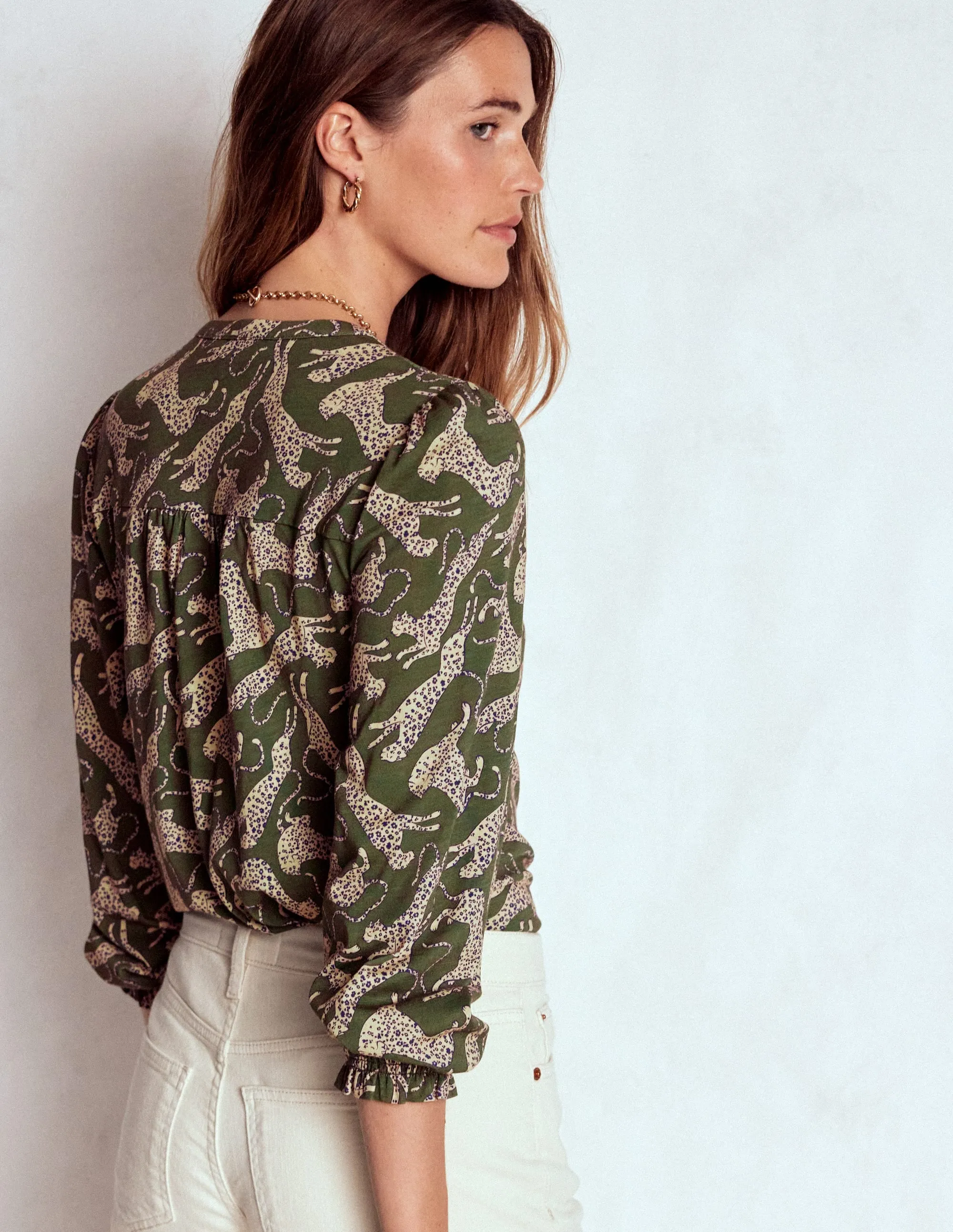 Cozy Knit Elsa Smocked Yoke Jersey Shirt-Green, Leaping Leopard