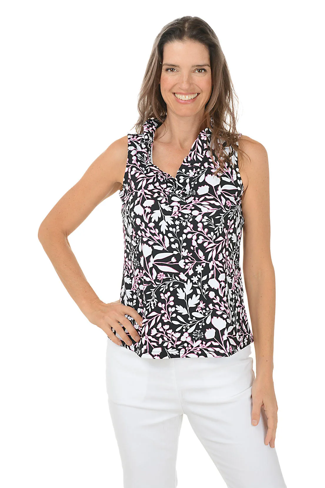 Floral Stencil UPF50  Ruffle Sleeveless Top Cozy Layer
