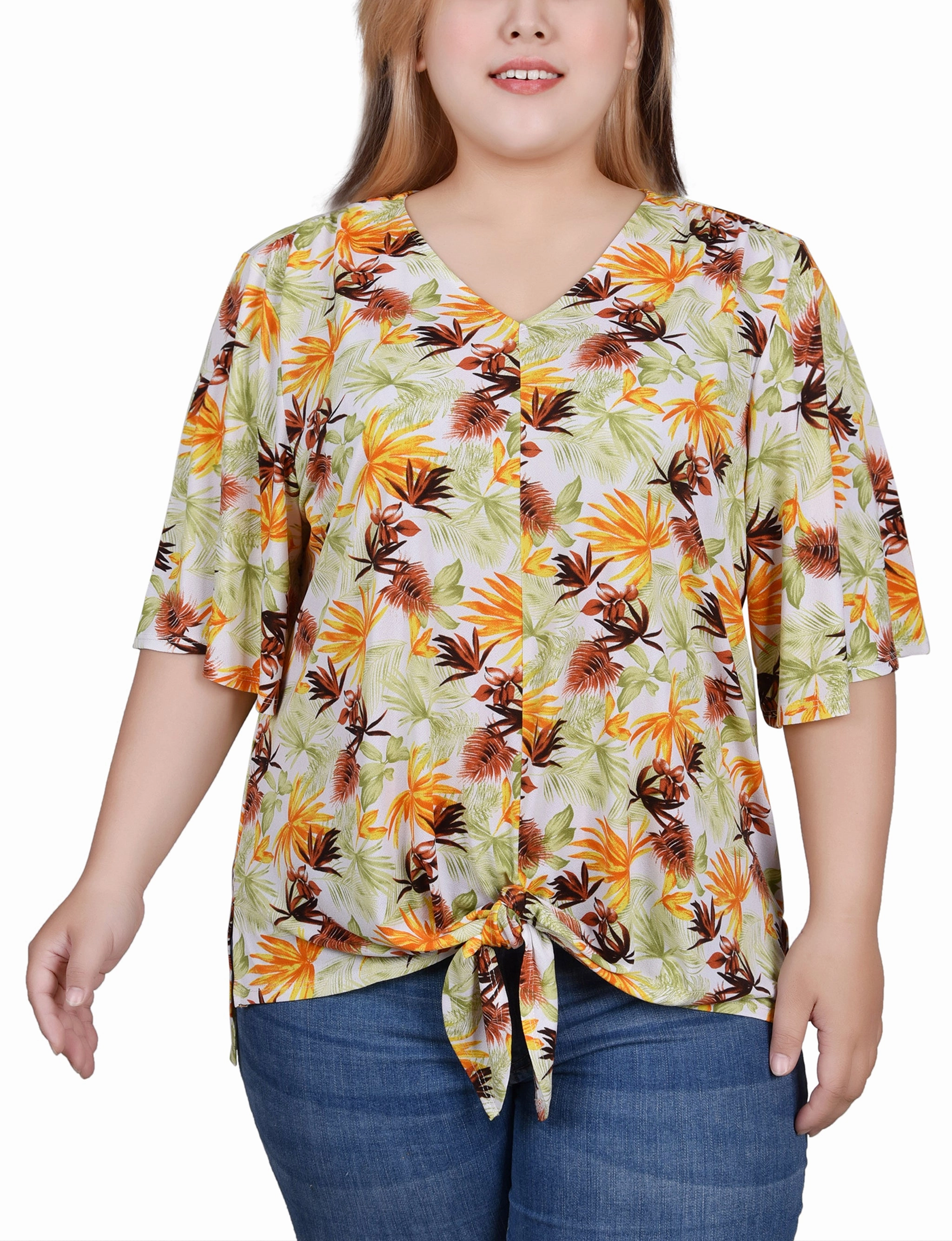Plus Size Elbow Sleeve Tie-Front Top ButtonFront