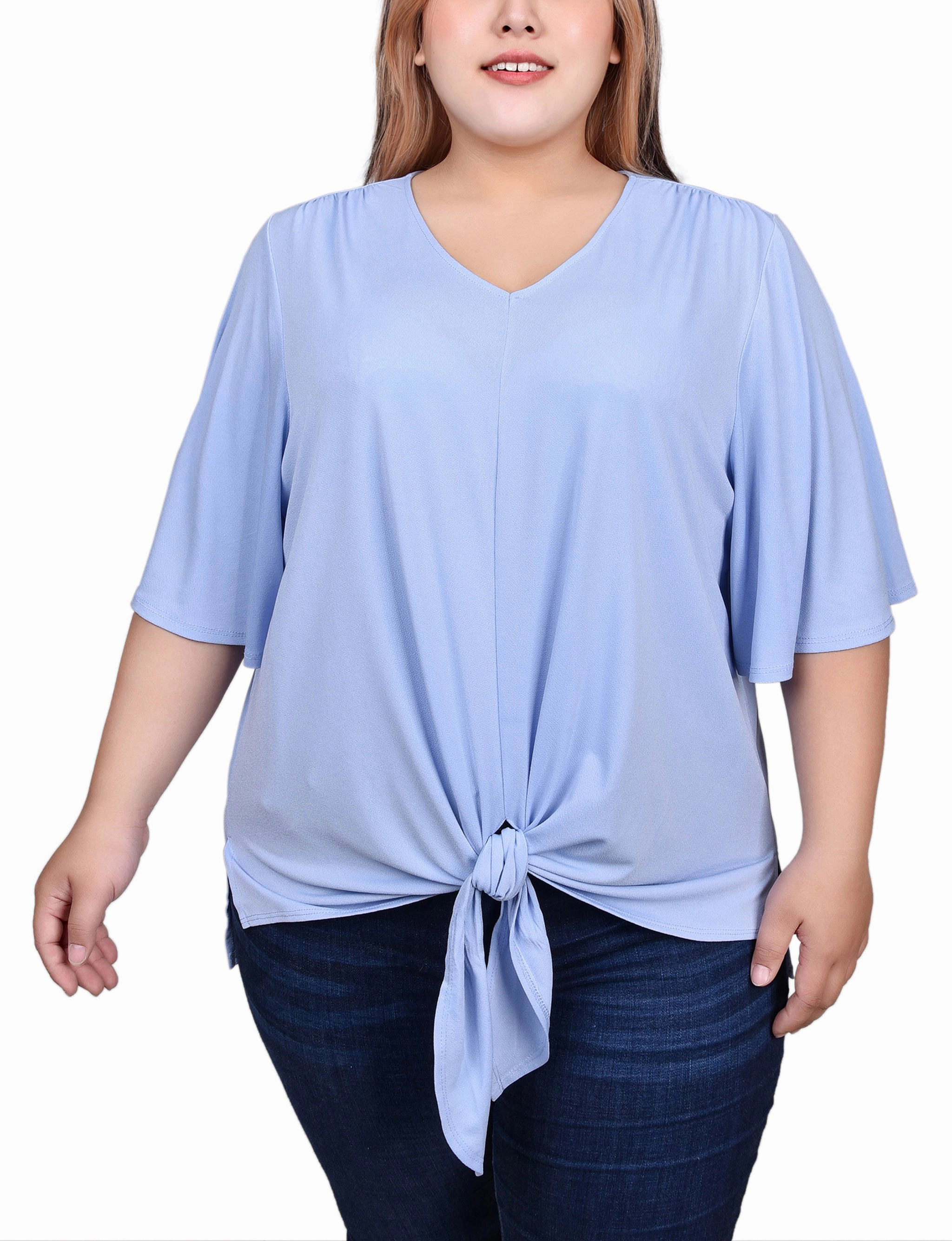 Plus Size Elbow Sleeve Tie-Front Top Durable Reinforced Elbows