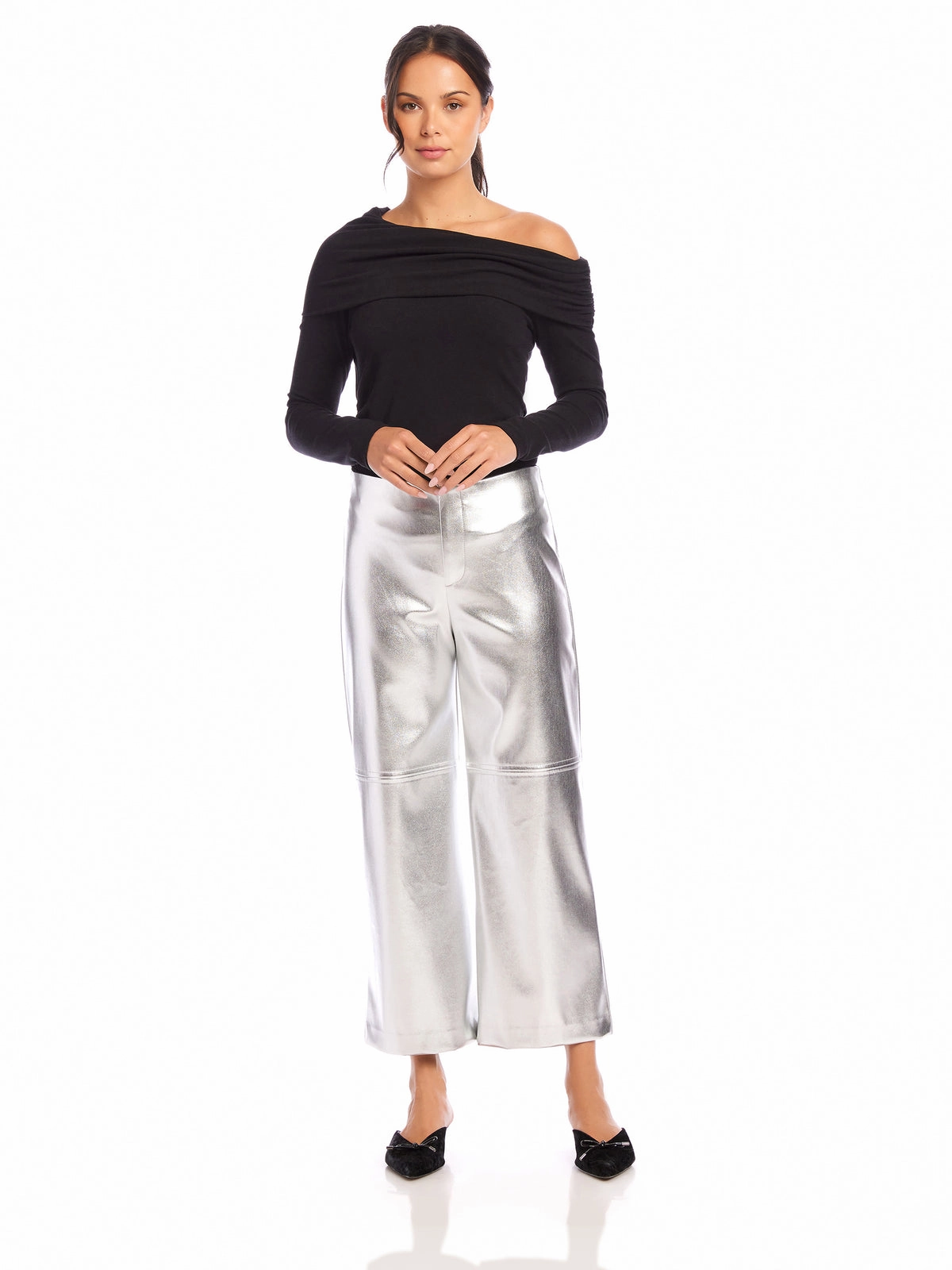 Neutral Tone Faux Leather Cropped Pants in Silver